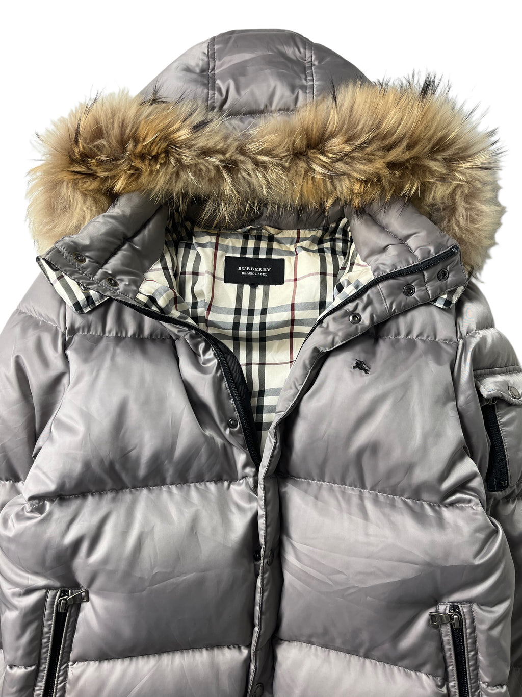 00’s BURBERRY made in Japan real fur down jacket (L/XL) - silver grey
