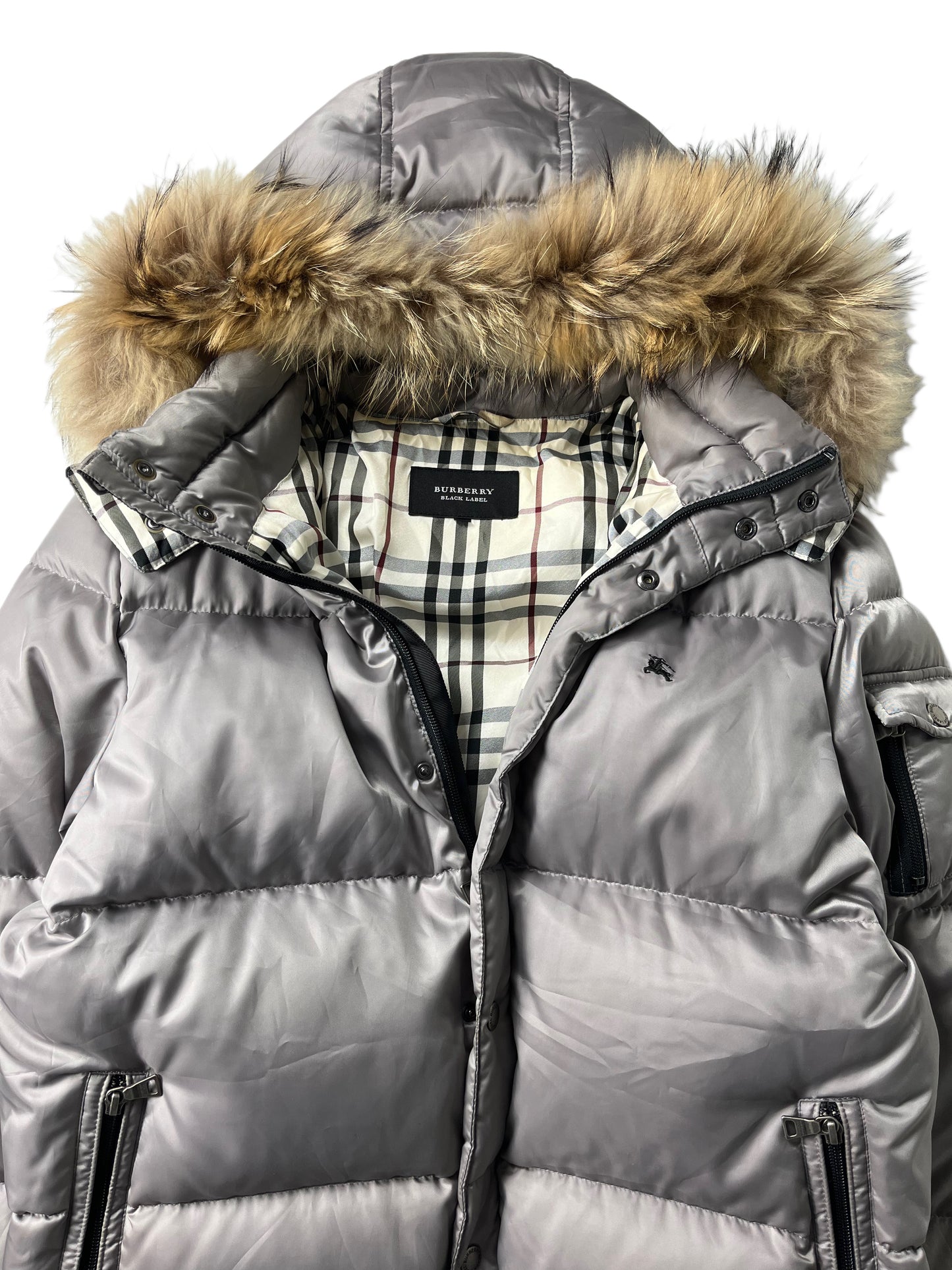 00’s BURBERRY made in Japan real fur down jacket (L/XL) - silver grey