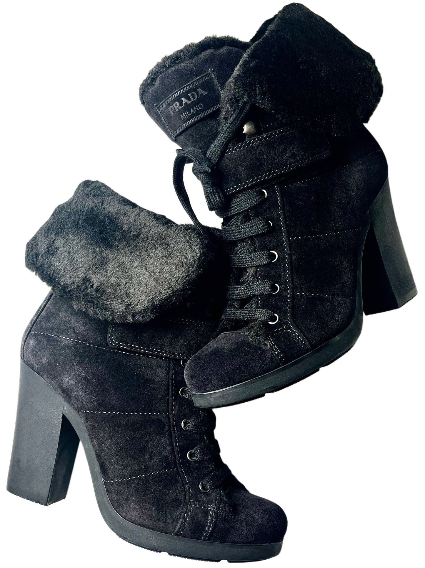 00’s PRADA suede & fur high boots - EU 38.5 - black