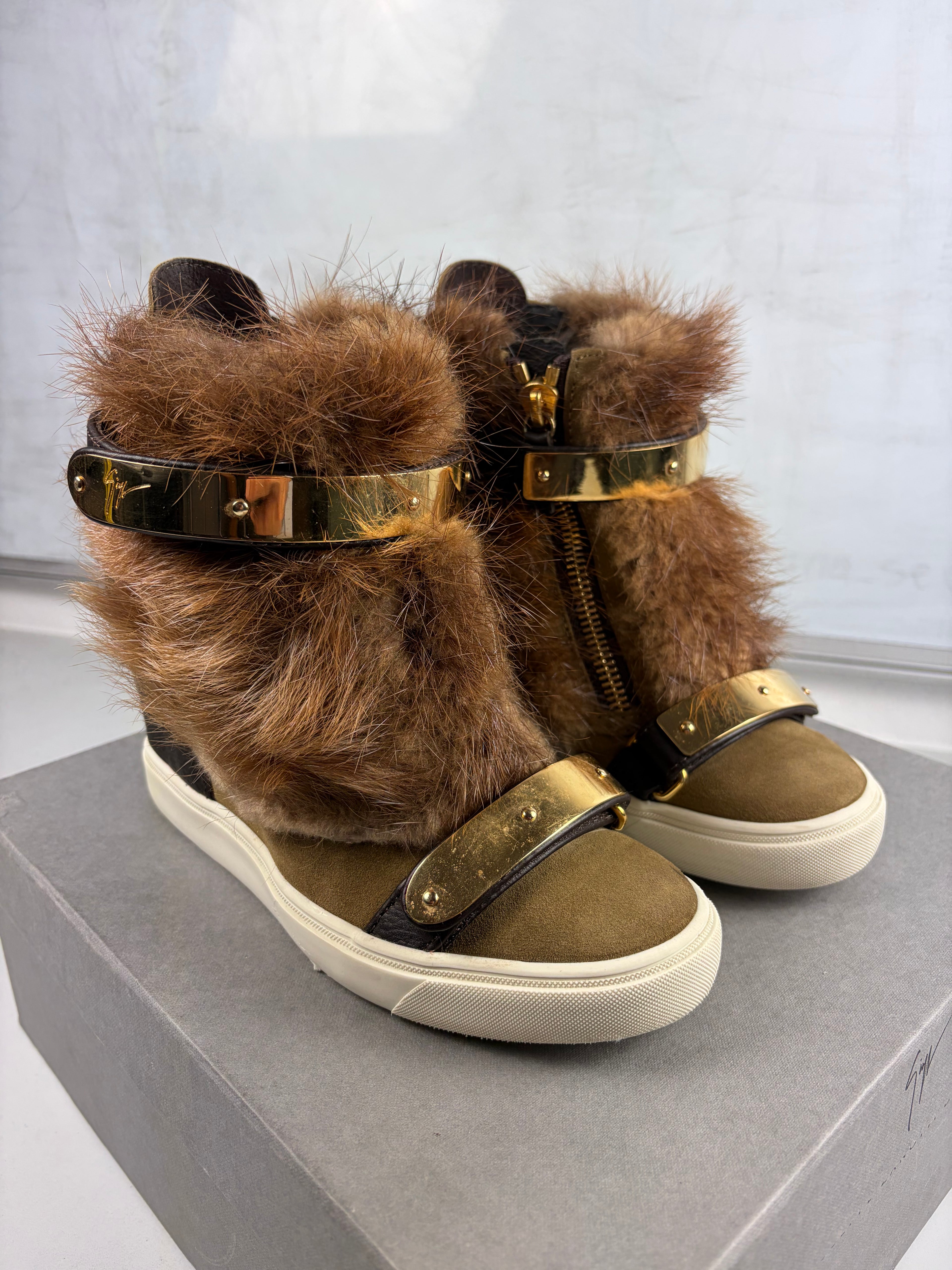 2012 Giuseppe Zanotti fur wedge sneakers - eu 39 / uk 6 / us 8 - brown