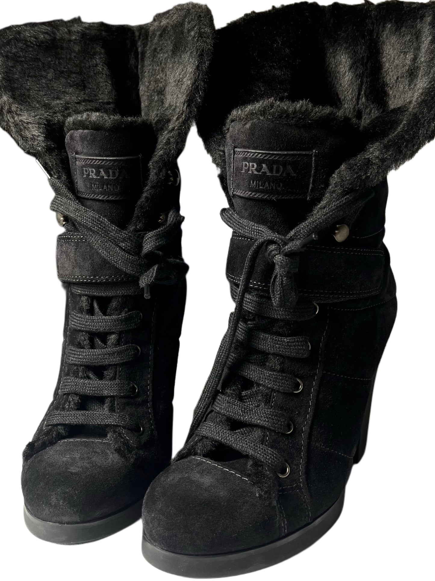 00’s PRADA suede & fur high boots - EU 38.5 - black