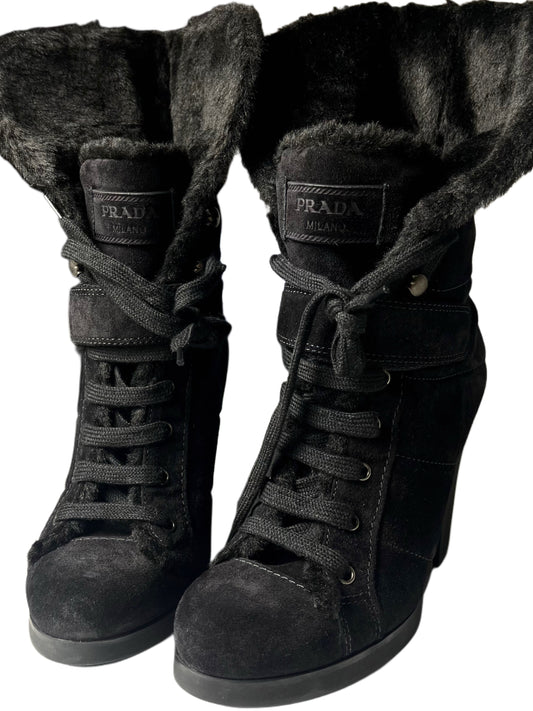 00’s PRADA suede & fur high boots - EU 38.5 - black