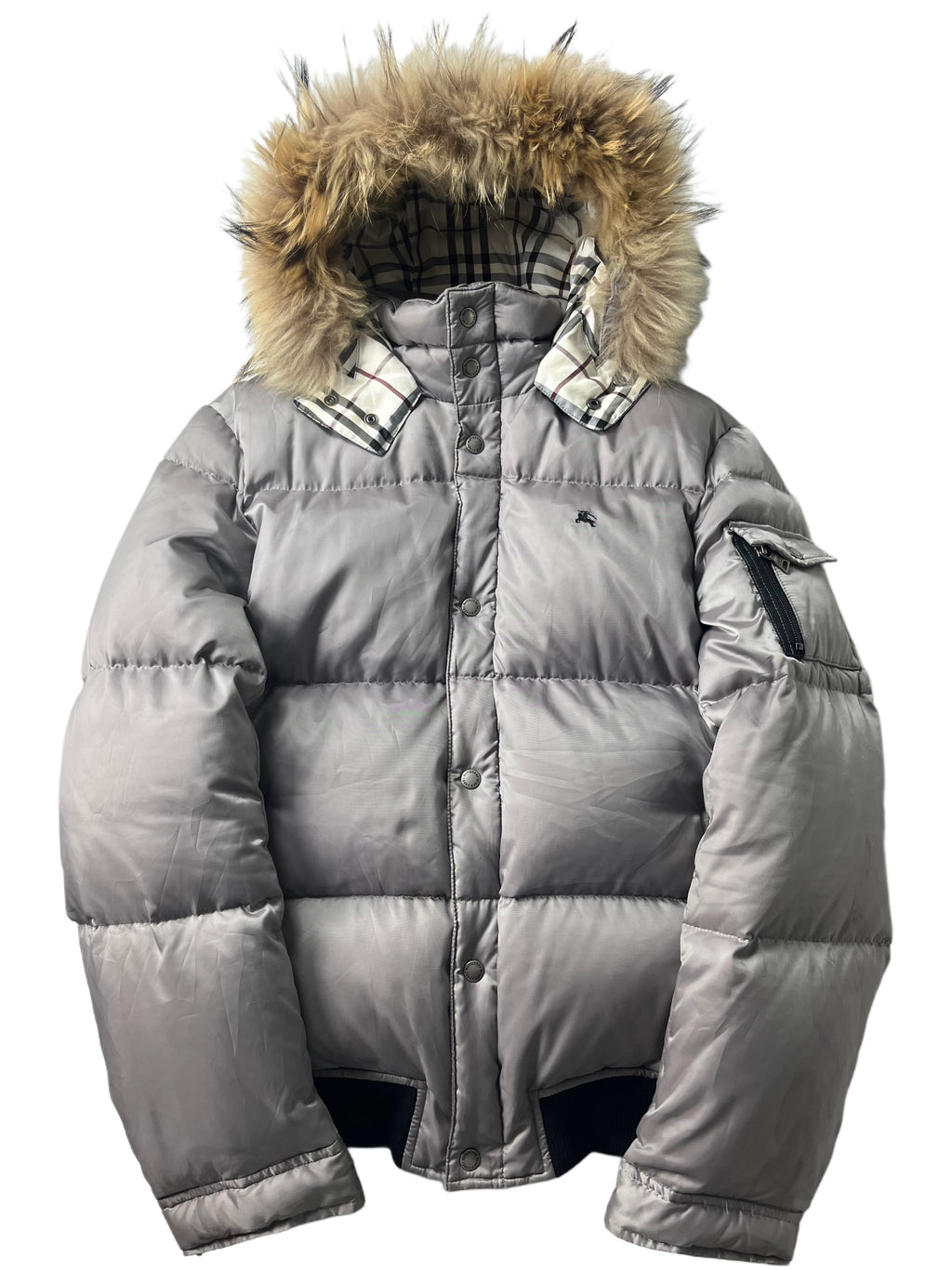 00’s BURBERRY made in Japan real fur down jacket (L/XL) - silver grey