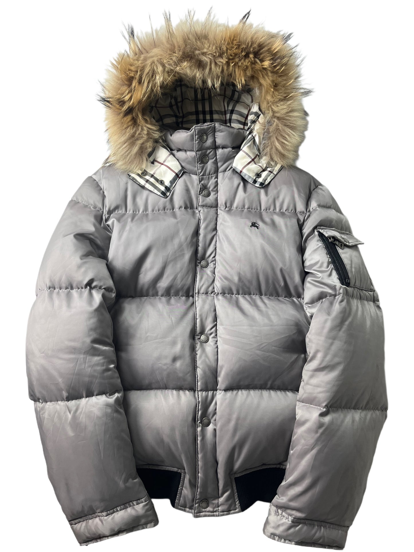 00’s BURBERRY made in Japan real fur down jacket (L/XL) - silver grey