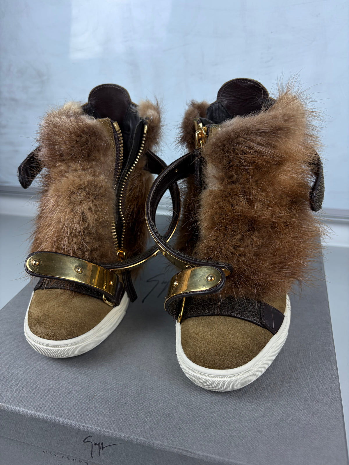 2012 Giuseppe Zanotti beaver fur wedge sneakers - eu 36 / us 6 / uk 3 - brown