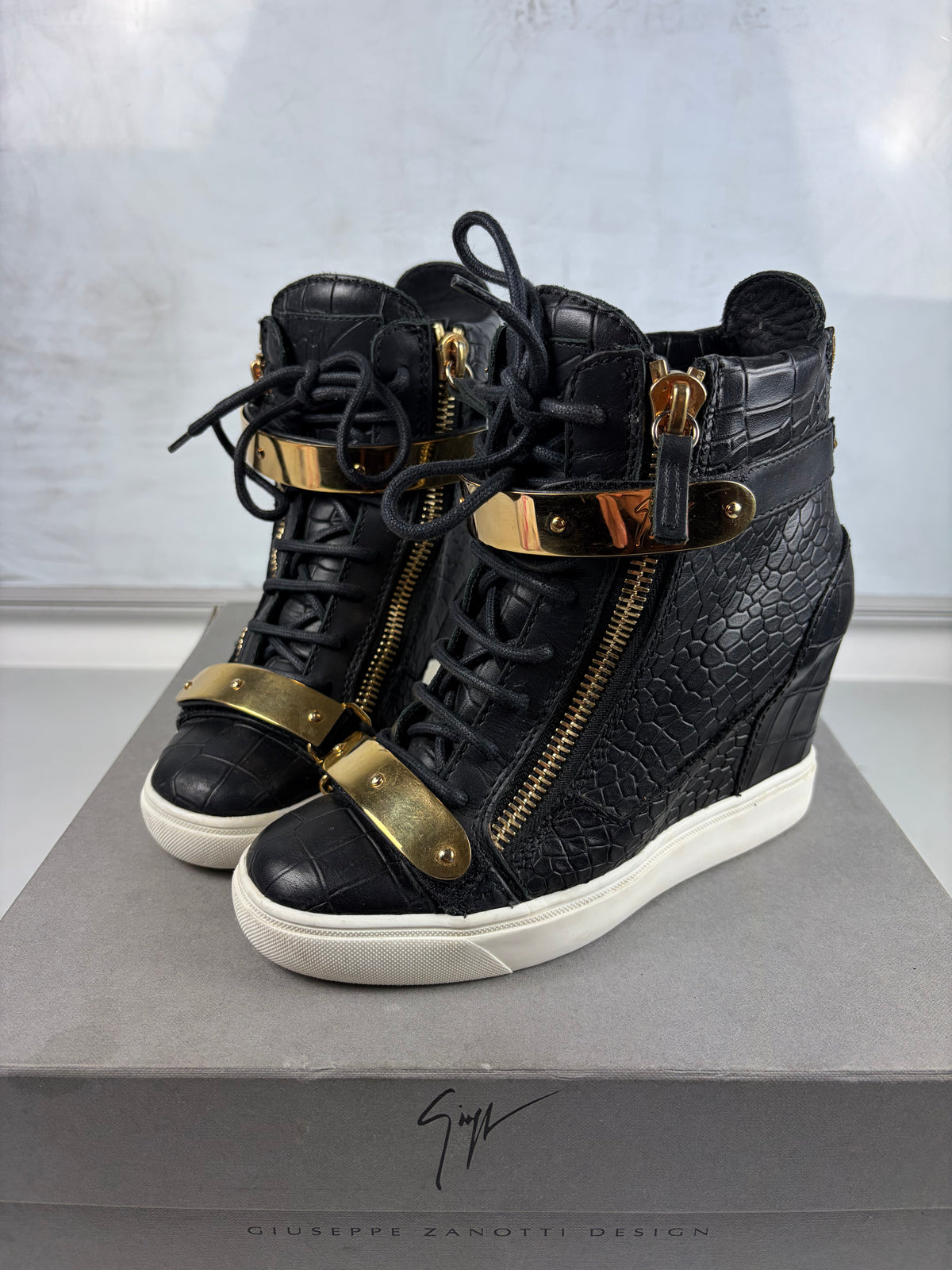 Giuseppe Zanotti black croc-embossed leather wedge sneakers - eu 36 / us 6