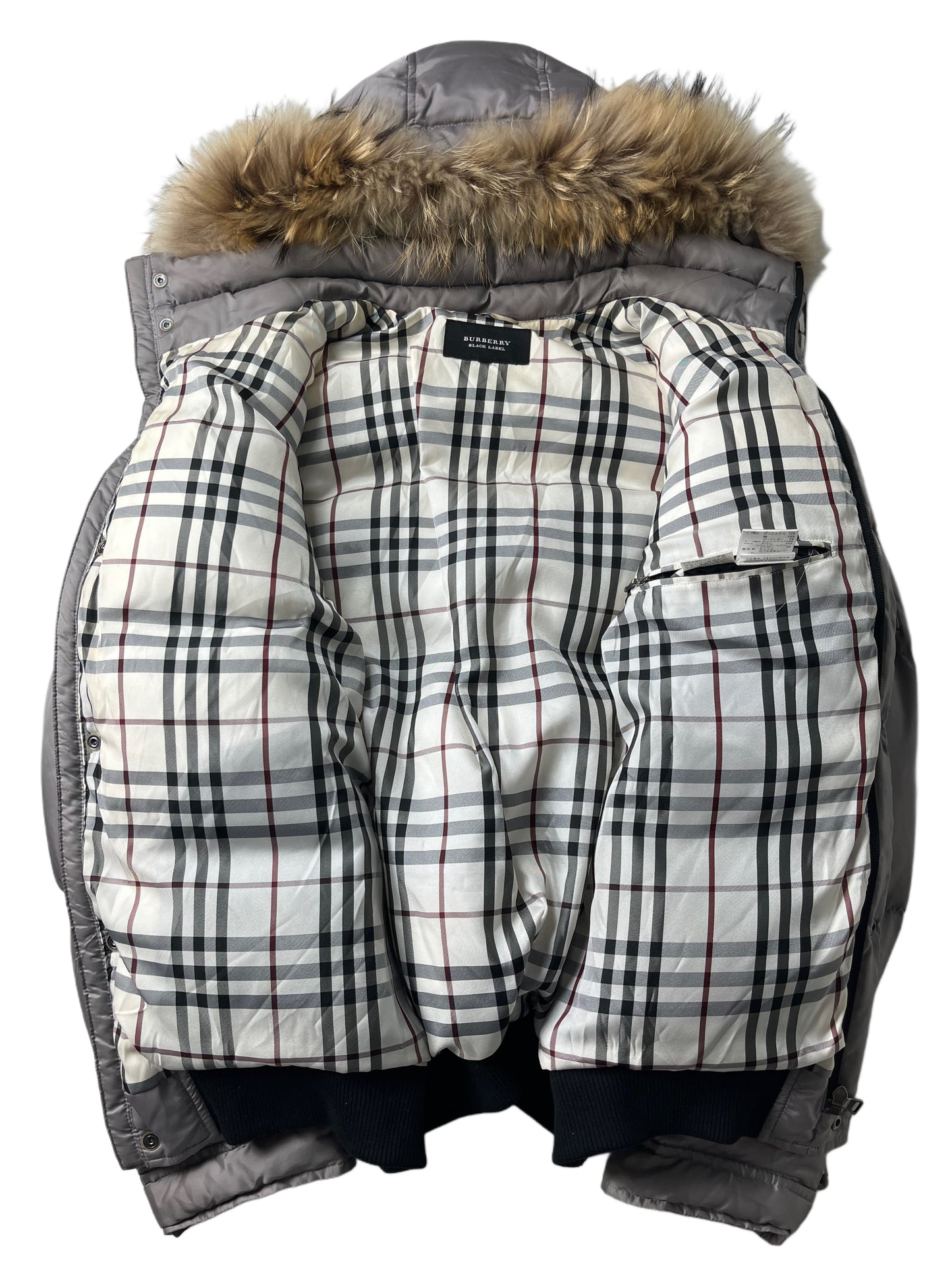 00’s BURBERRY made in Japan real fur down jacket (L/XL) - silver grey