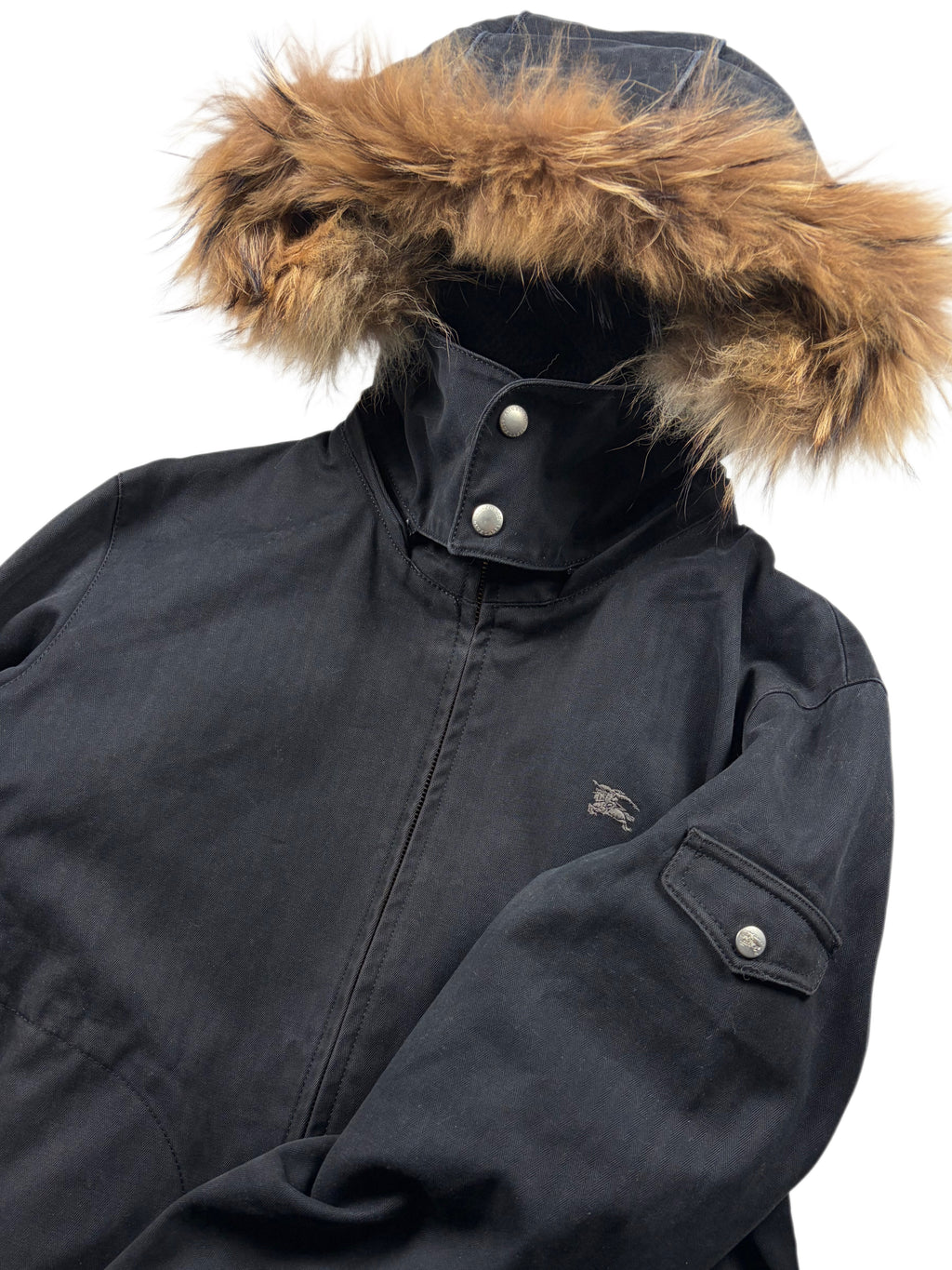 00’s BURBERRY Blue Label real fur hooded cotton bomber jacket (S/M) - black