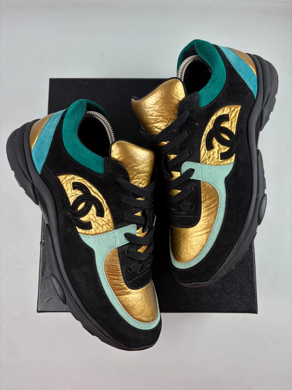 2019 CHANEL gold foil leather & suede sneakers - eu 43 / us 10