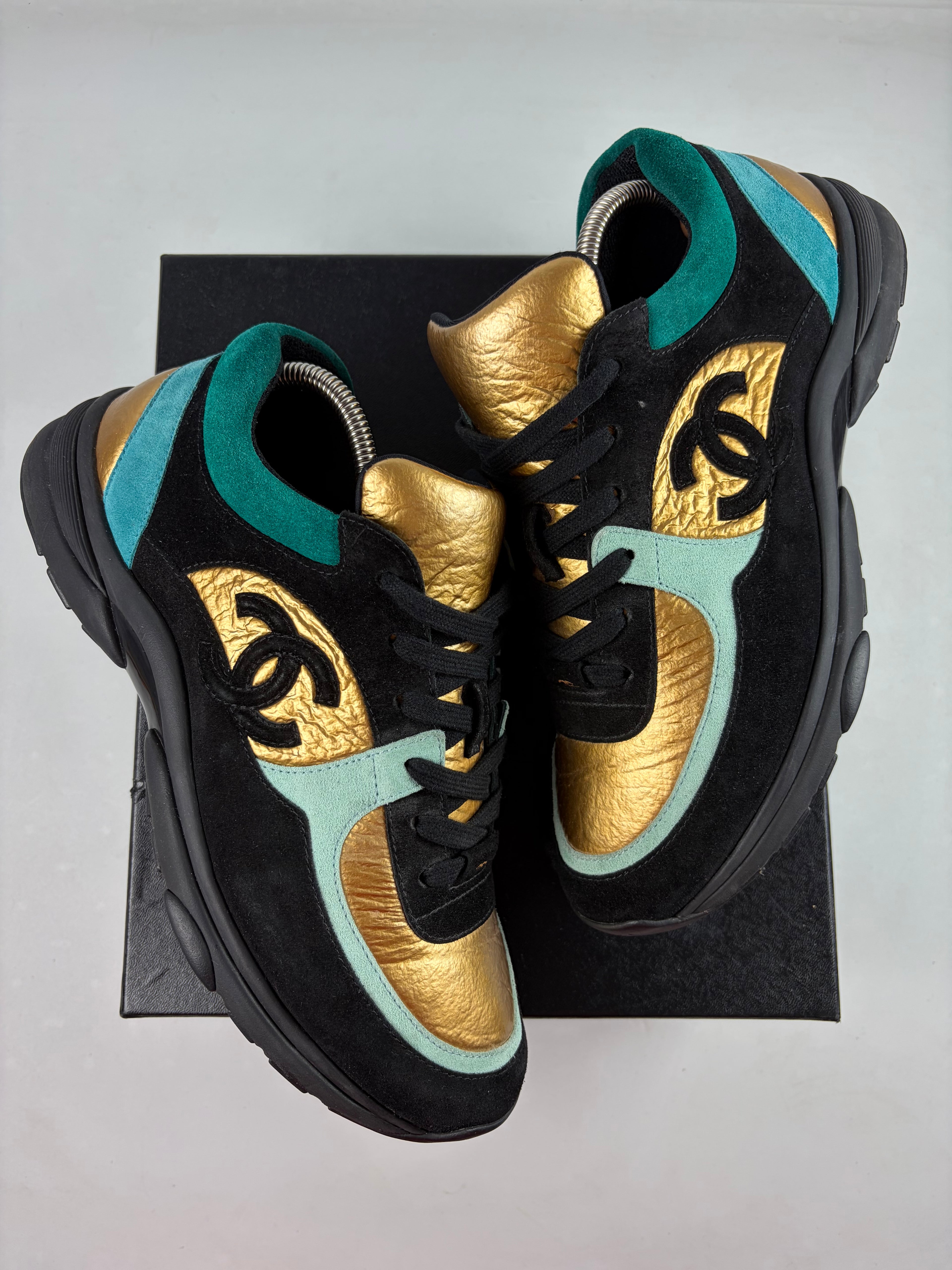 2019 CHANEL gold foil leather & suede sneakers - eu 43 / us 10