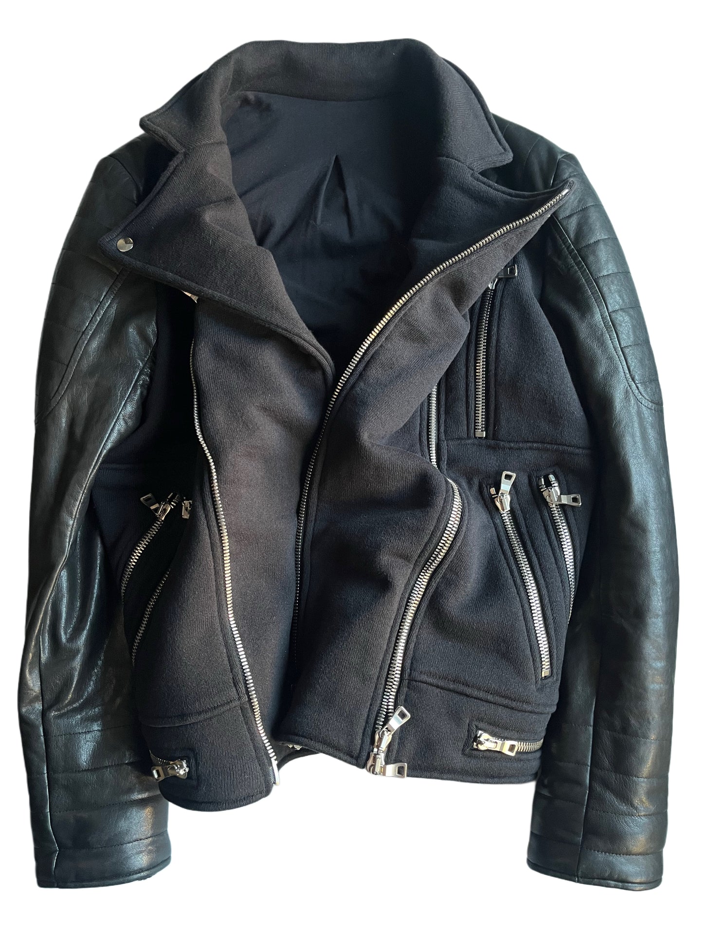 2015 BALMAIN leather & cotton biker jacket - size L - black