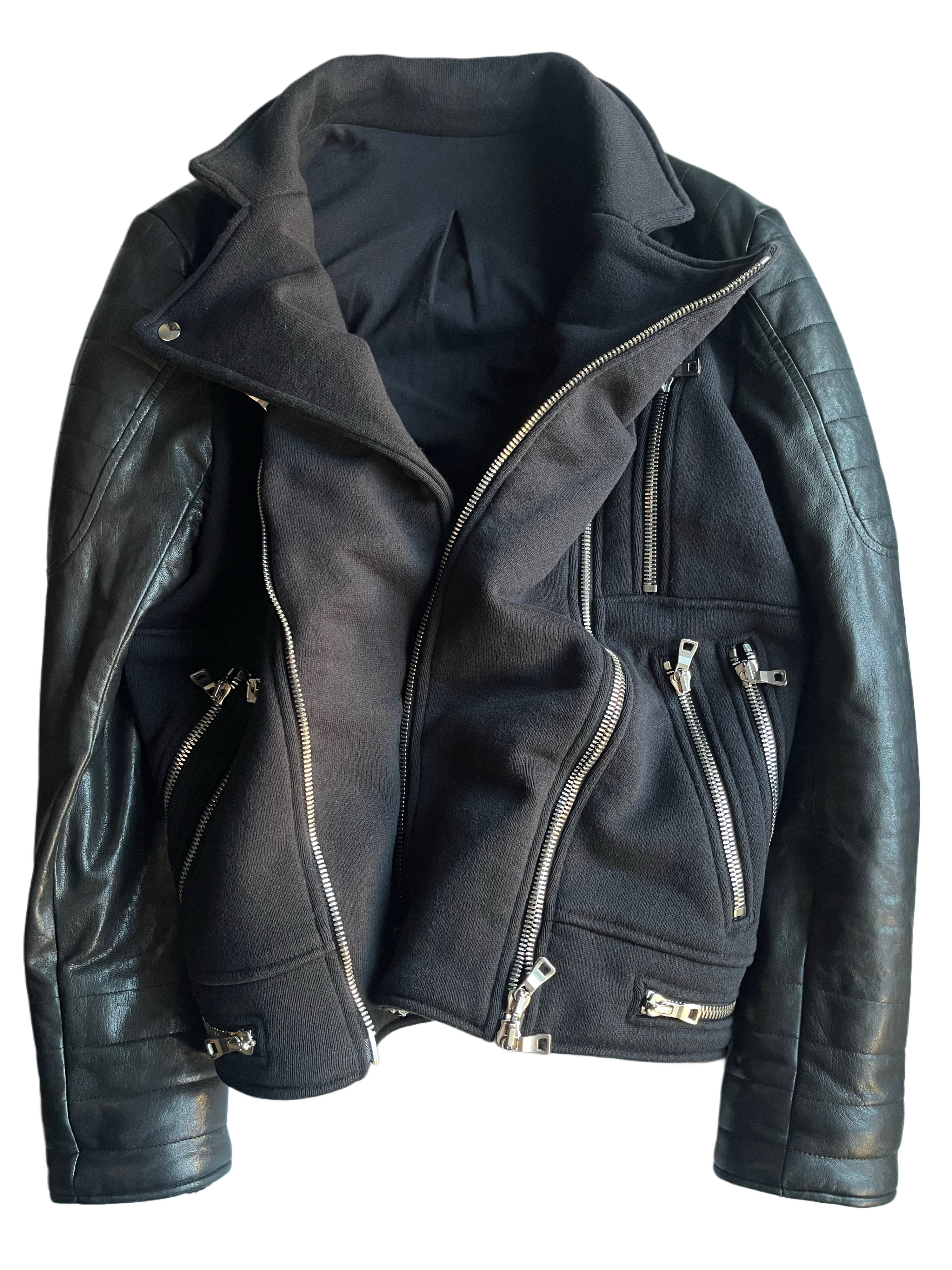 2015 BALMAIN leather & cotton biker jacket - size L - black