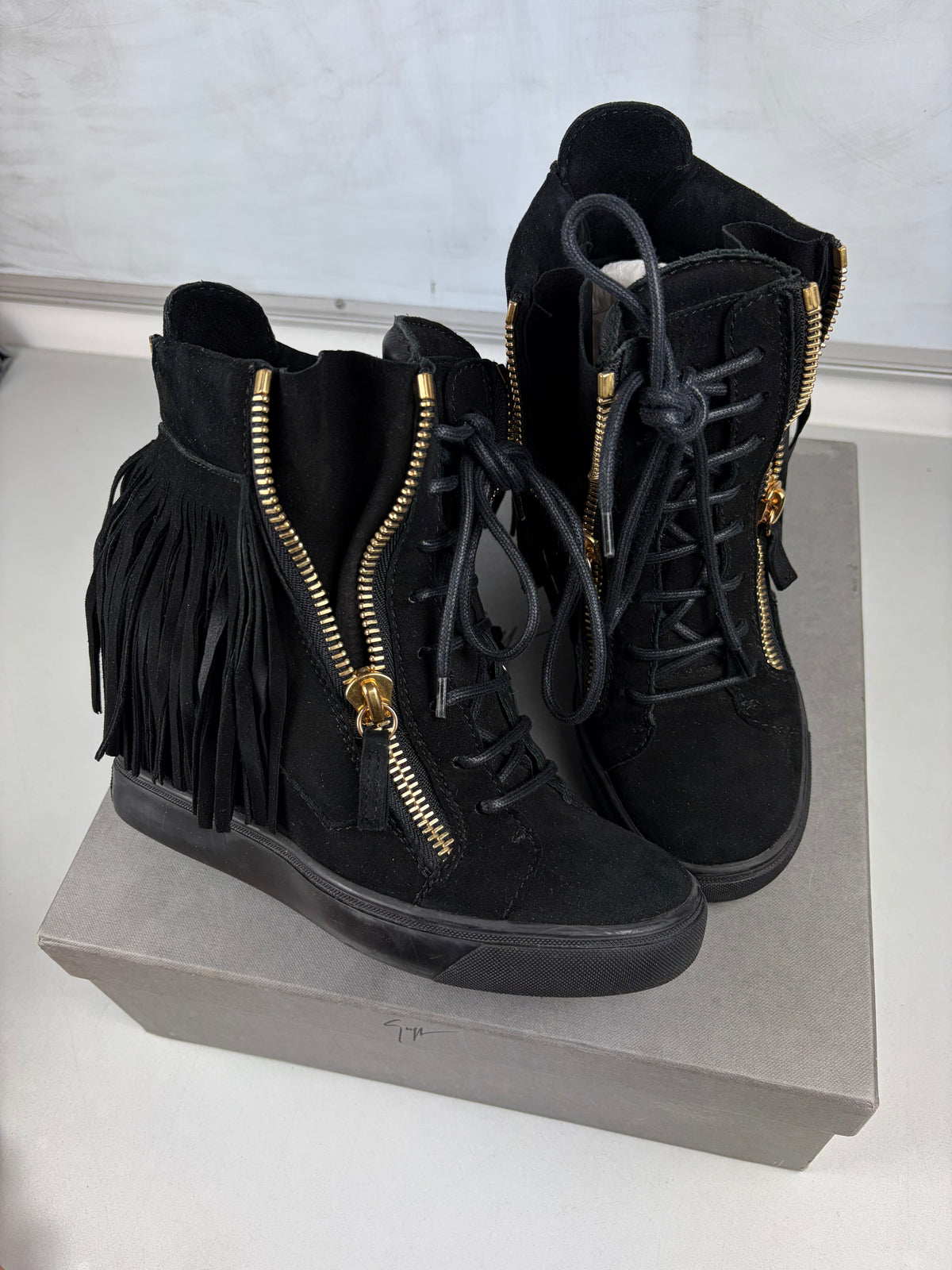 Giuseppe Zanotti black suede fringe wedge sneakers - eu 38 / us 8 / uk 5