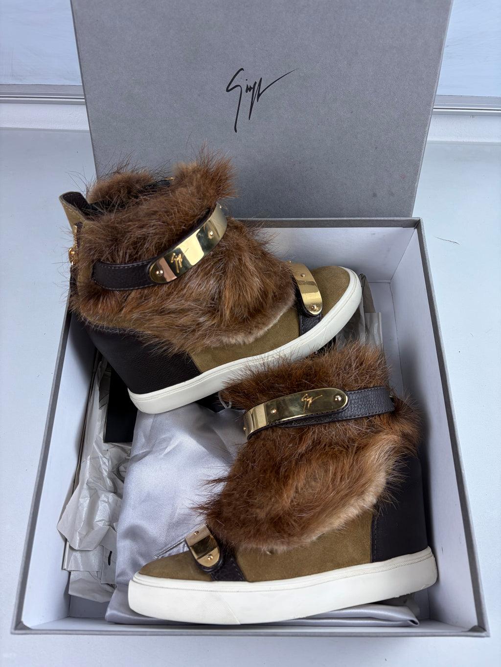 2012 Giuseppe Zanotti fur wedge sneakers - eu 39 / uk 6 / us 8 - brown