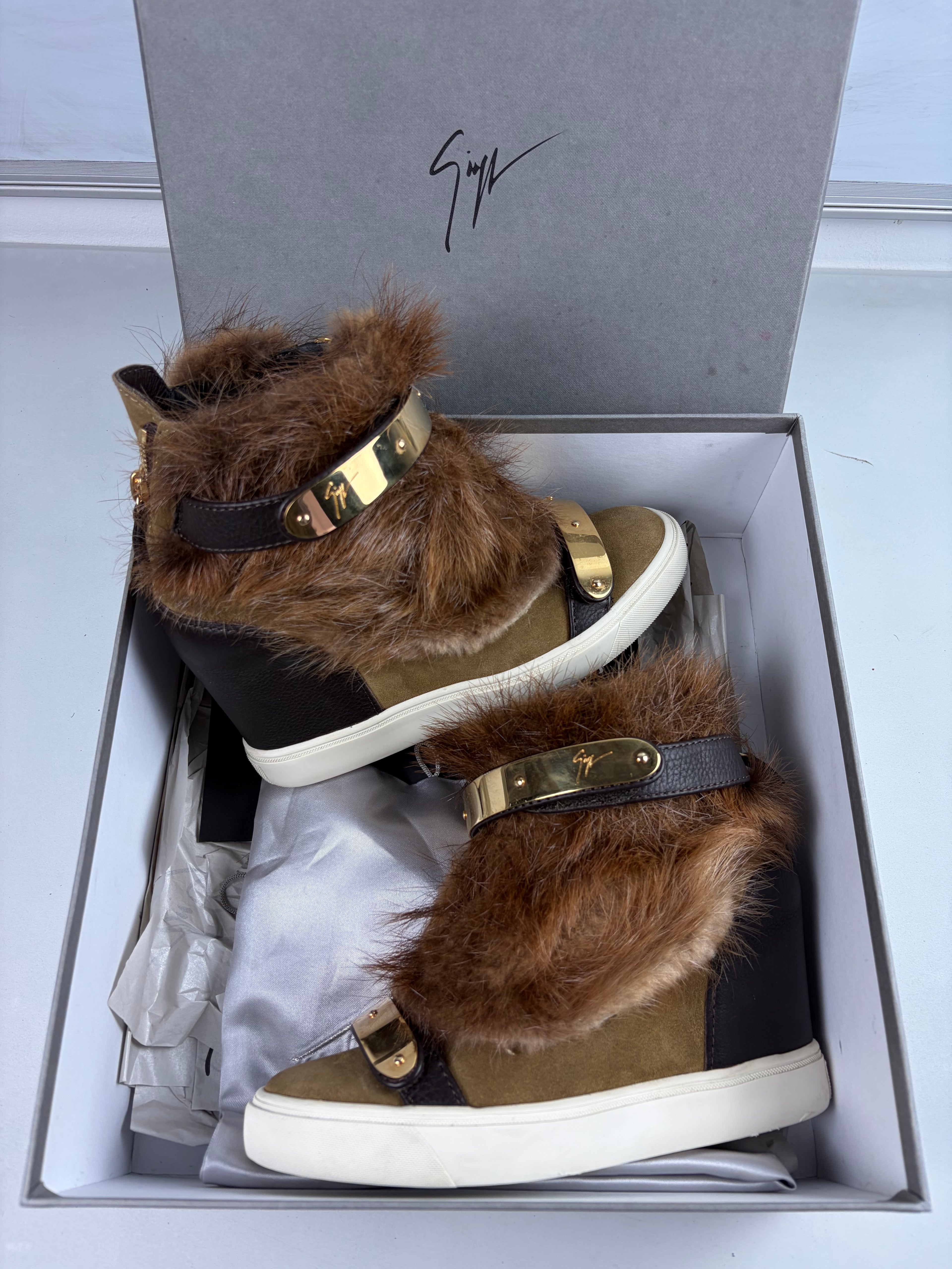 2012 Giuseppe Zanotti fur wedge sneakers - eu 39 / uk 6 / us 8 - brown
