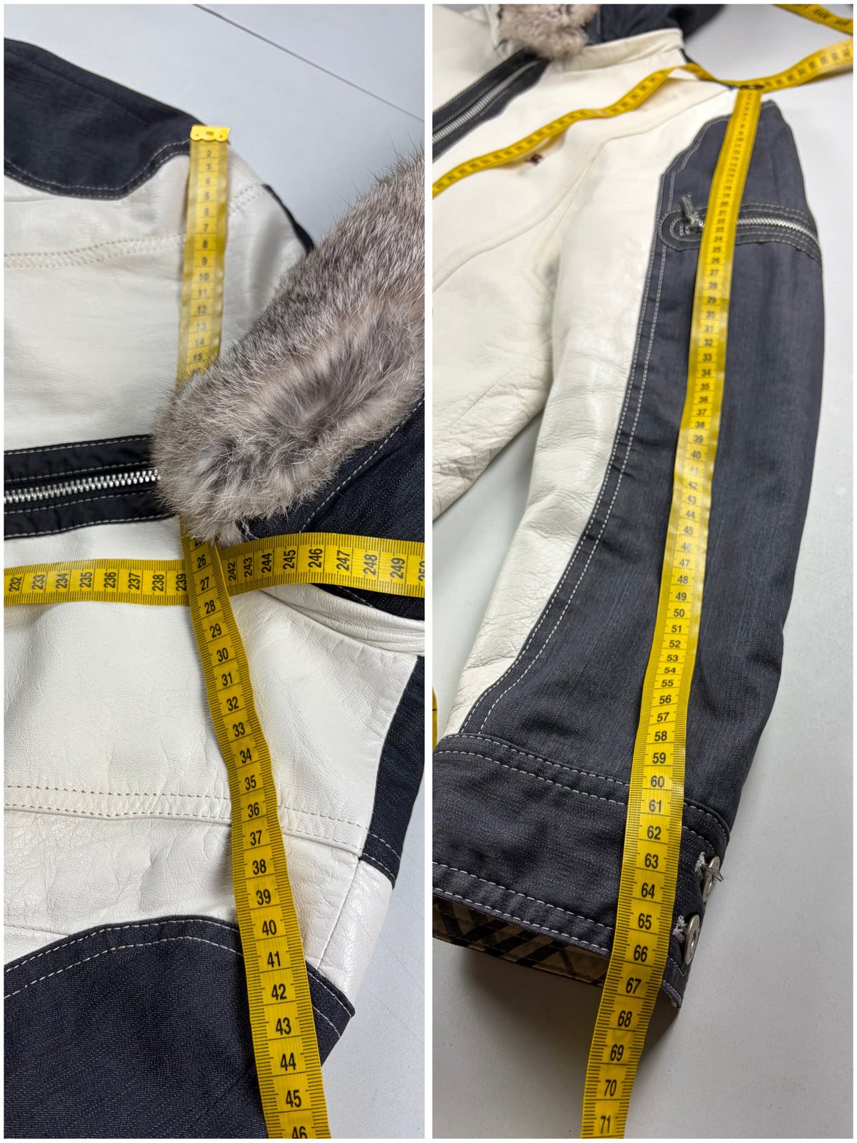 00’s BURBERRY Black Label leather & denim rabbit fur hooded jacket (S/M) - white & navy
