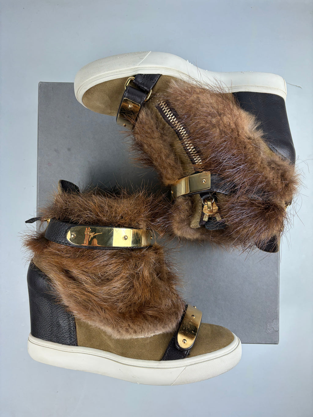 2012 Giuseppe Zanotti fur wedge sneakers - eu 39 / uk 6 / us 8 - brown