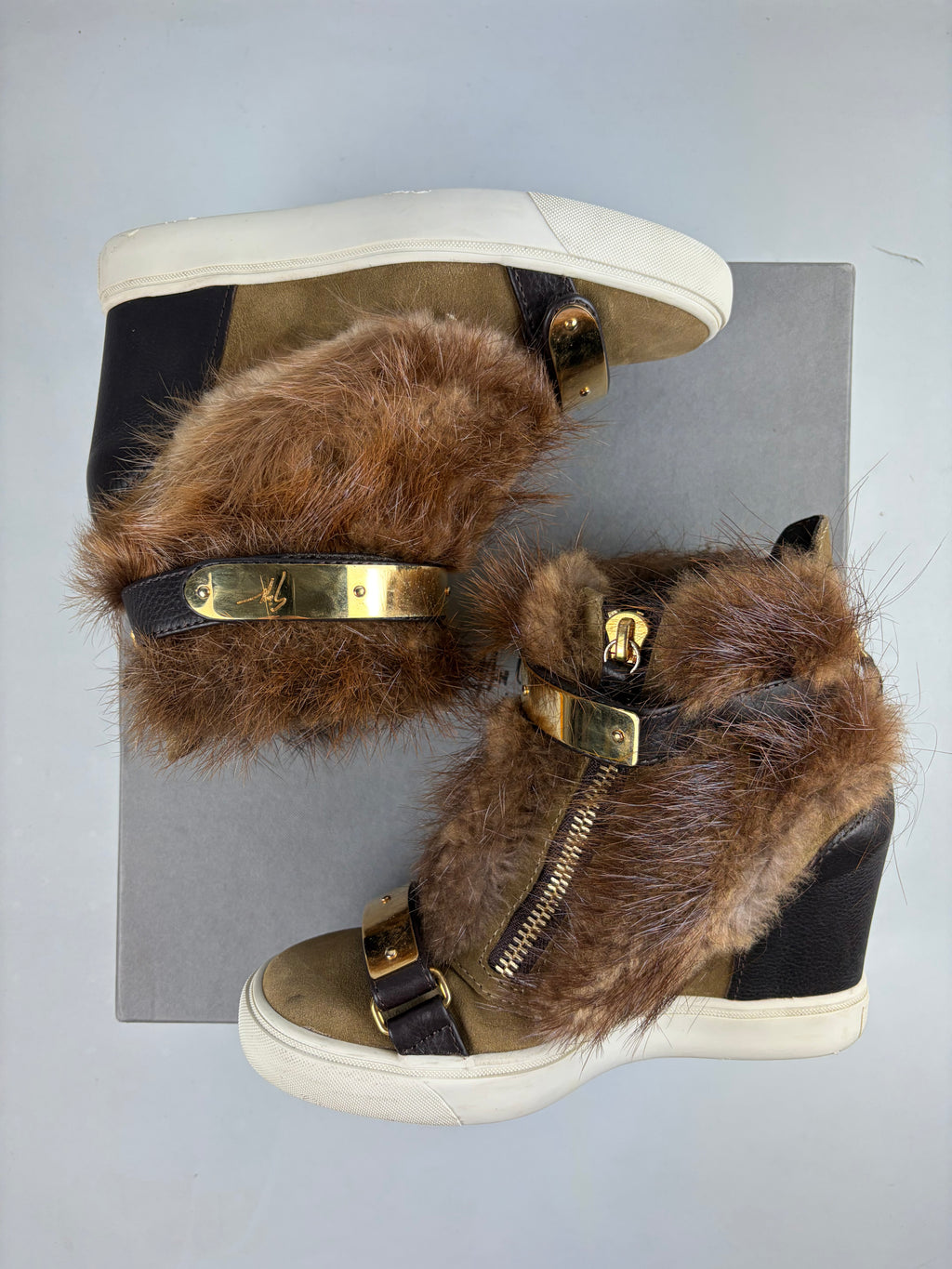 2012 Giuseppe Zanotti fur wedge sneakers - eu 39 / uk 6 / us 8 - brown