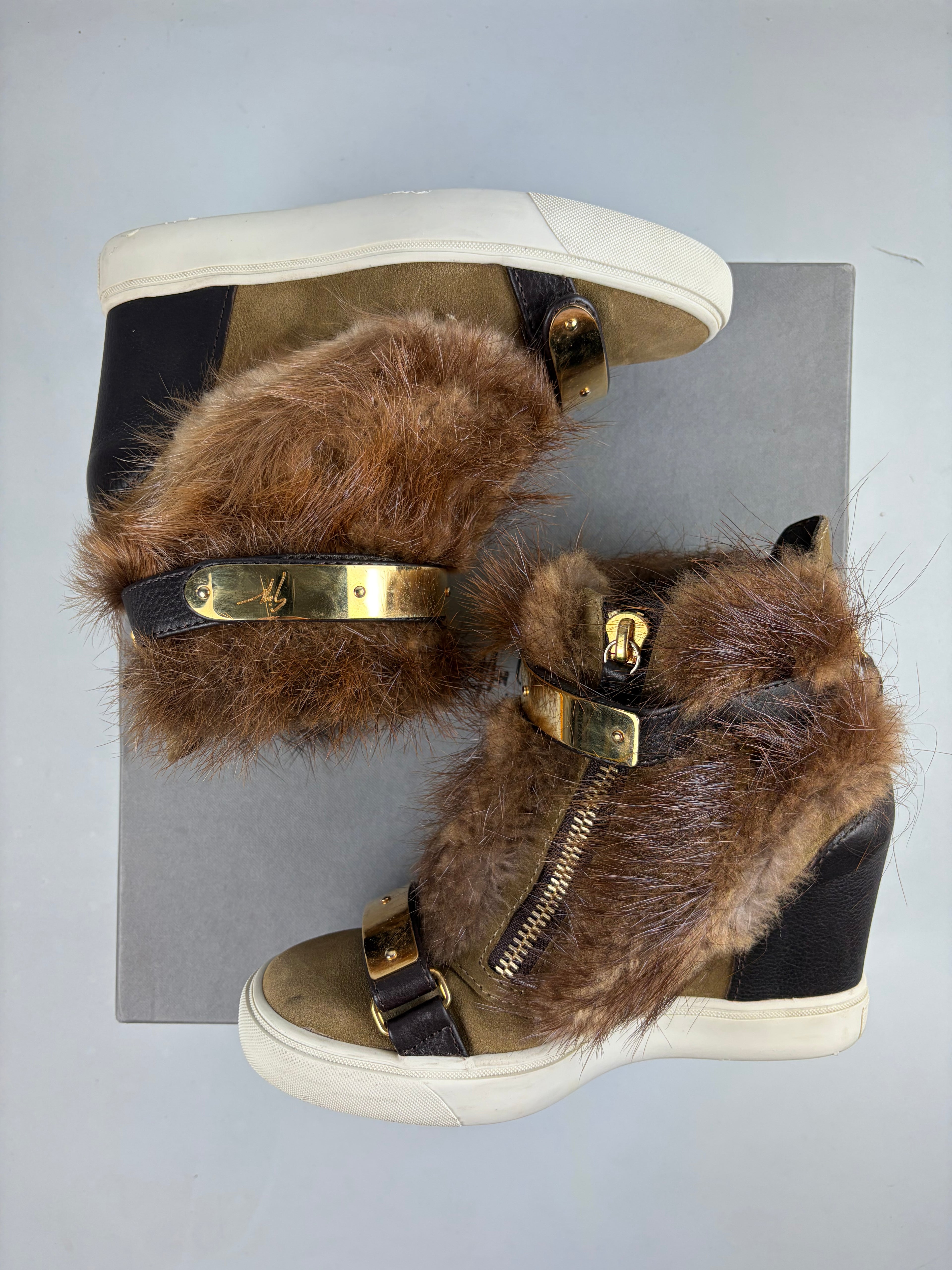 2012 Giuseppe Zanotti fur wedge sneakers - eu 39 / uk 6 / us 8 - brown