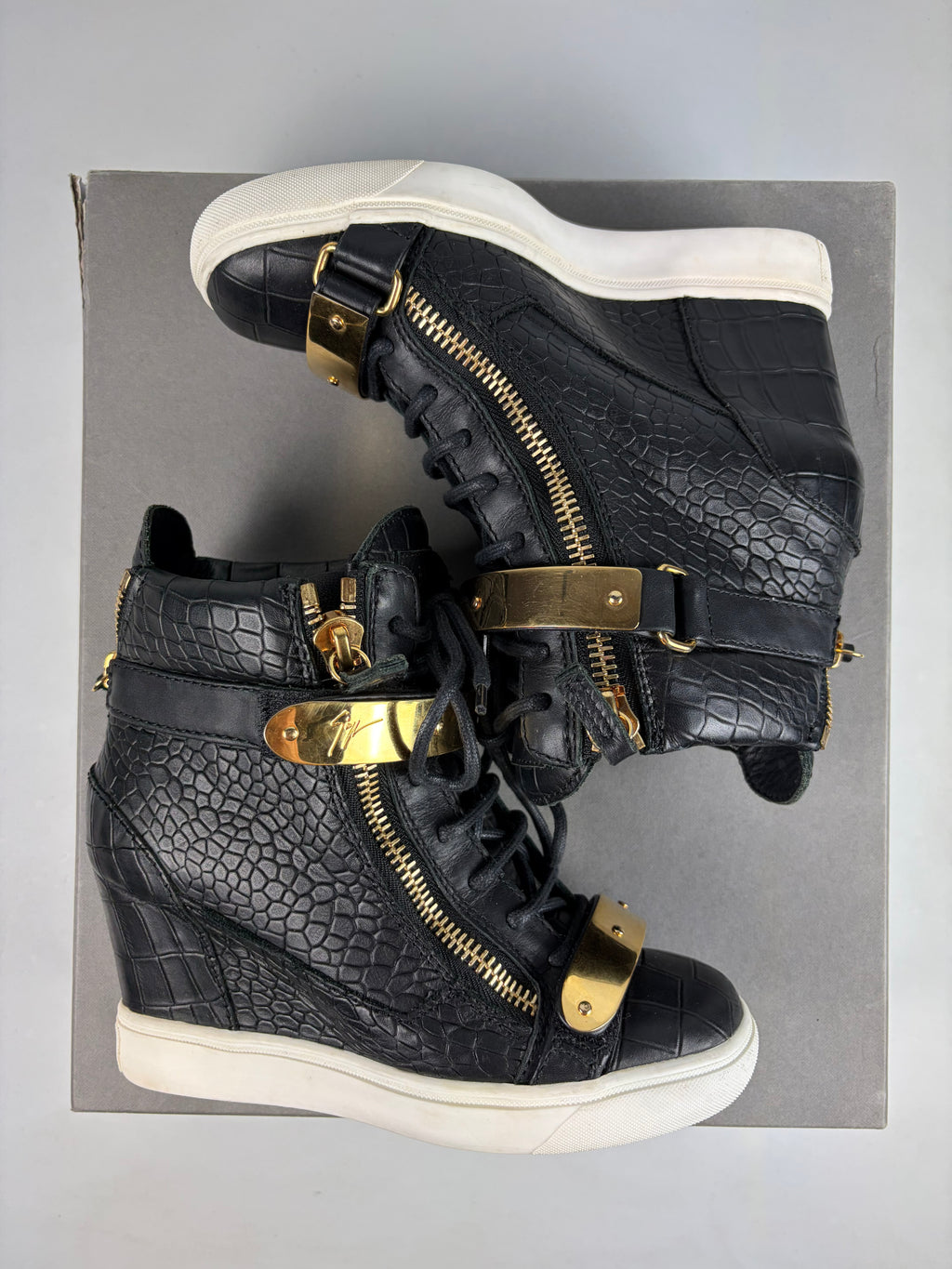 Giuseppe Zanotti black croc-embossed leather wedge sneakers - eu 36 / us 6