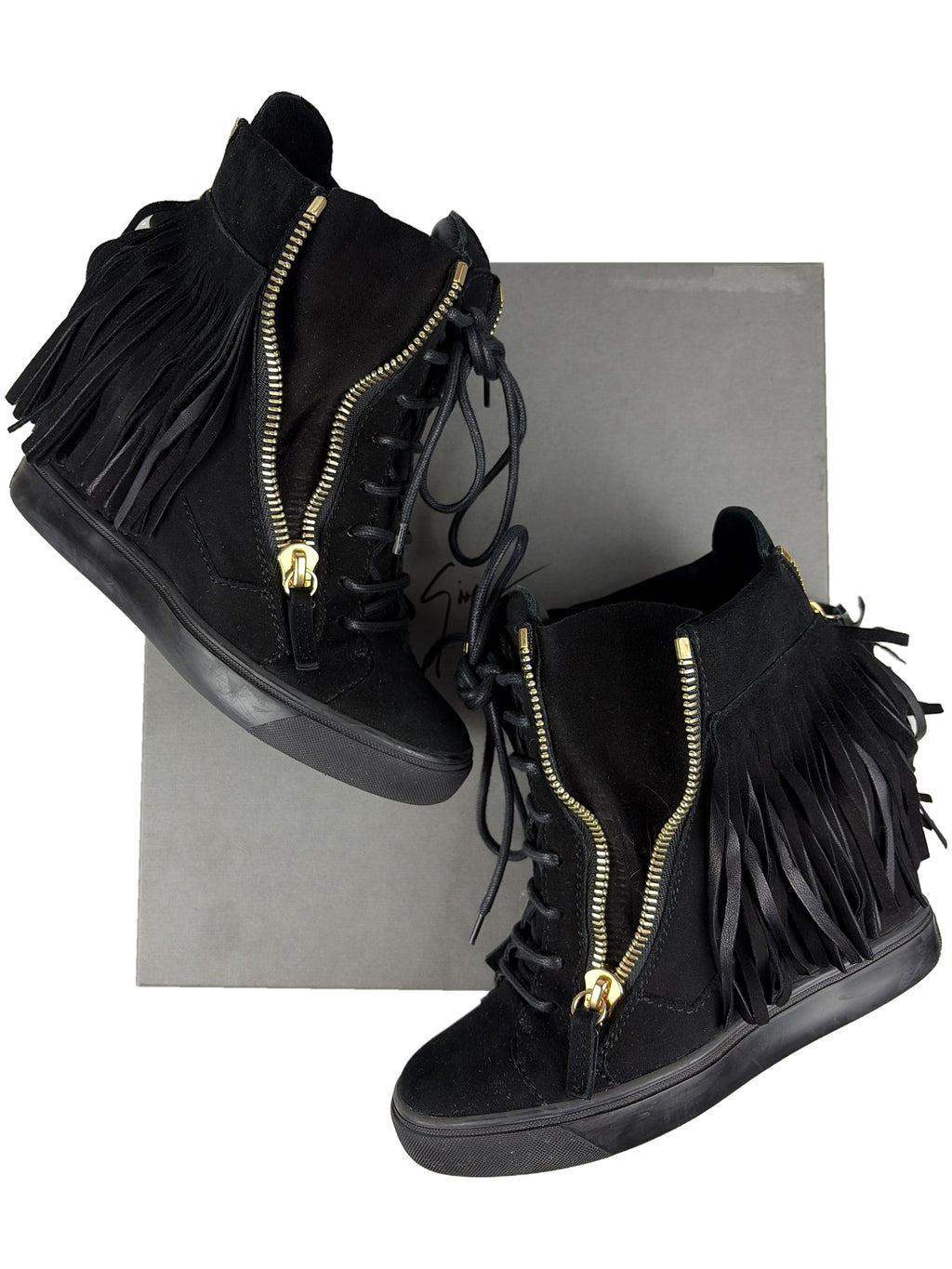 Giuseppe Zanotti black suede fringe wedge sneakers - eu 38 / us 8 / uk 5