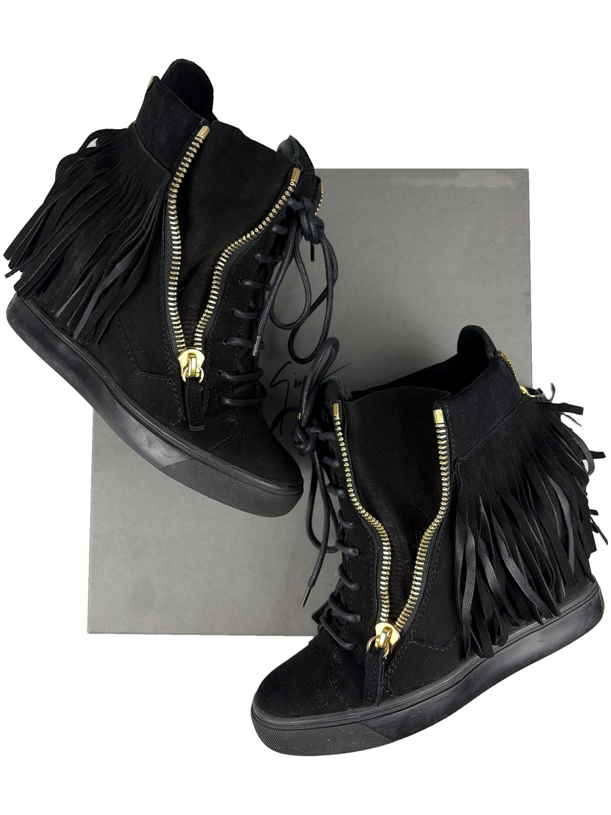Giuseppe Zanotti black suede fringe wedge sneakers - eu 38 / us 8 / uk 5