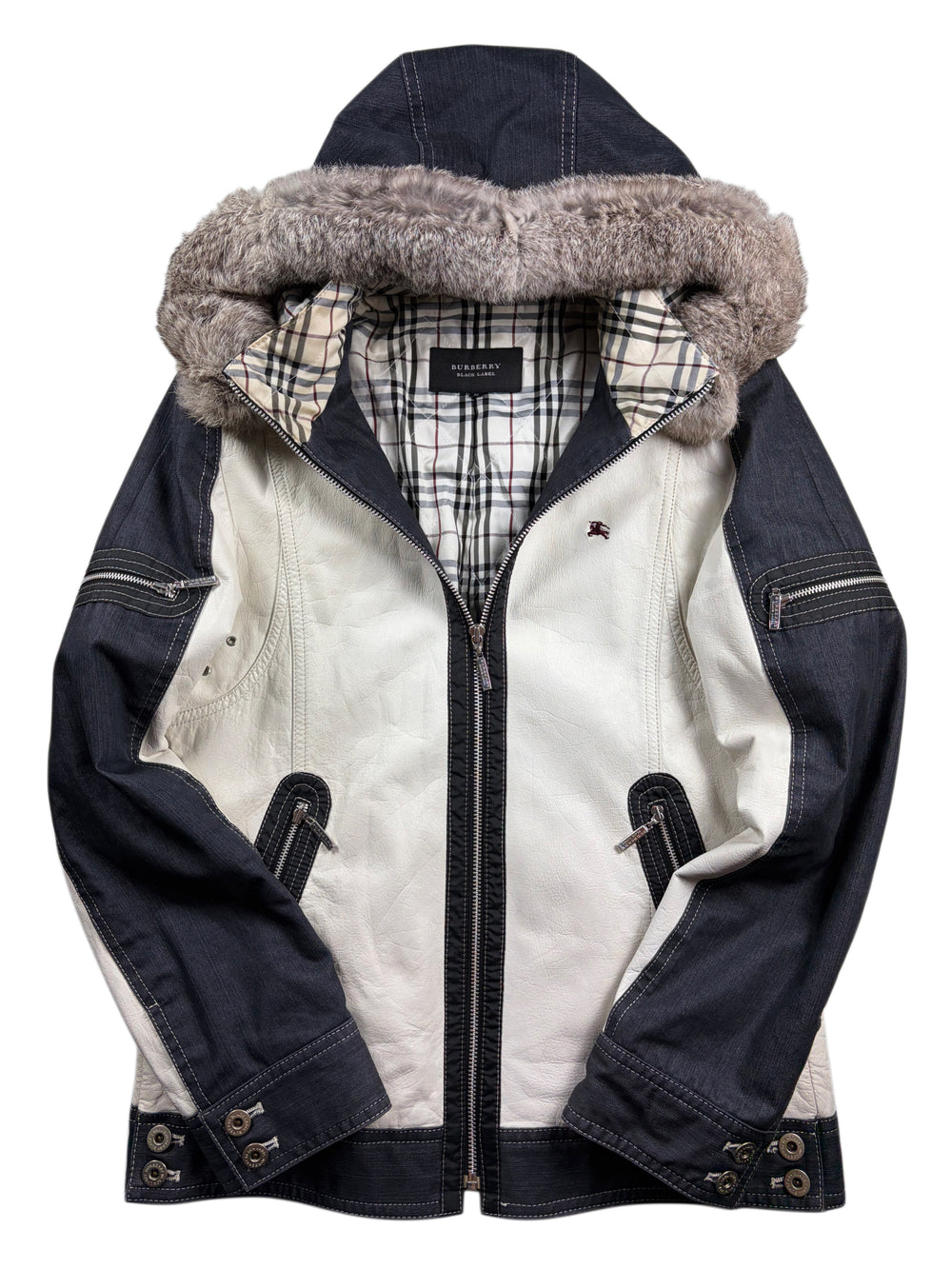 00’s BURBERRY Black Label leather & denim rabbit fur hooded jacket (S/M) - white & navy