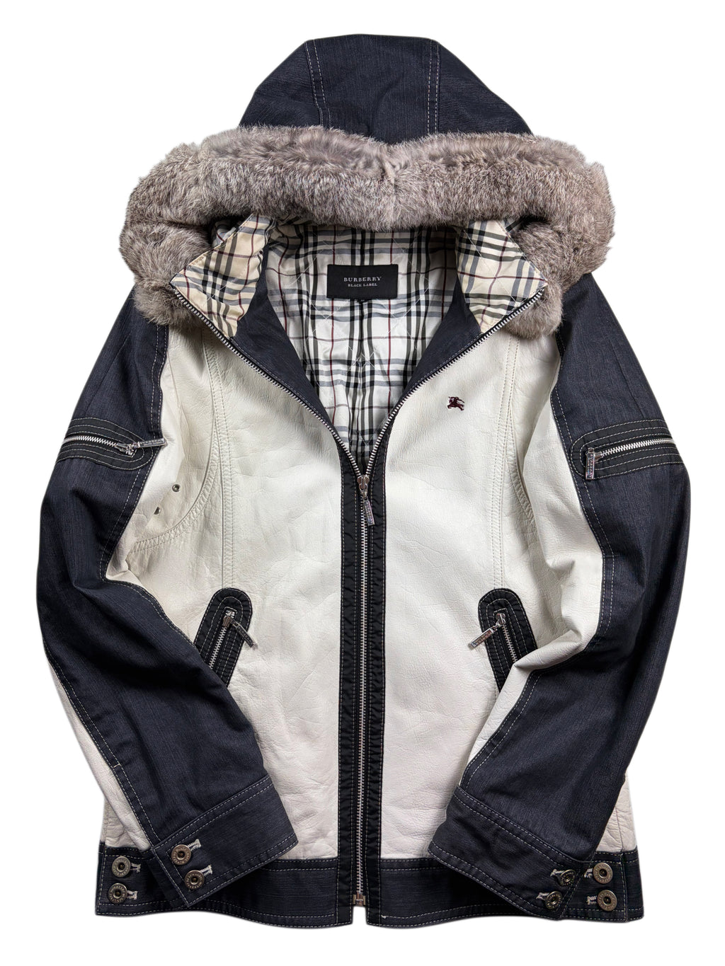 00’s BURBERRY Black Label leather & denim rabbit fur hooded jacket (S/M) - white & navy