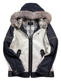 00’s BURBERRY Black Label leather & denim rabbit fur hooded jacket (S/M) - white & navy