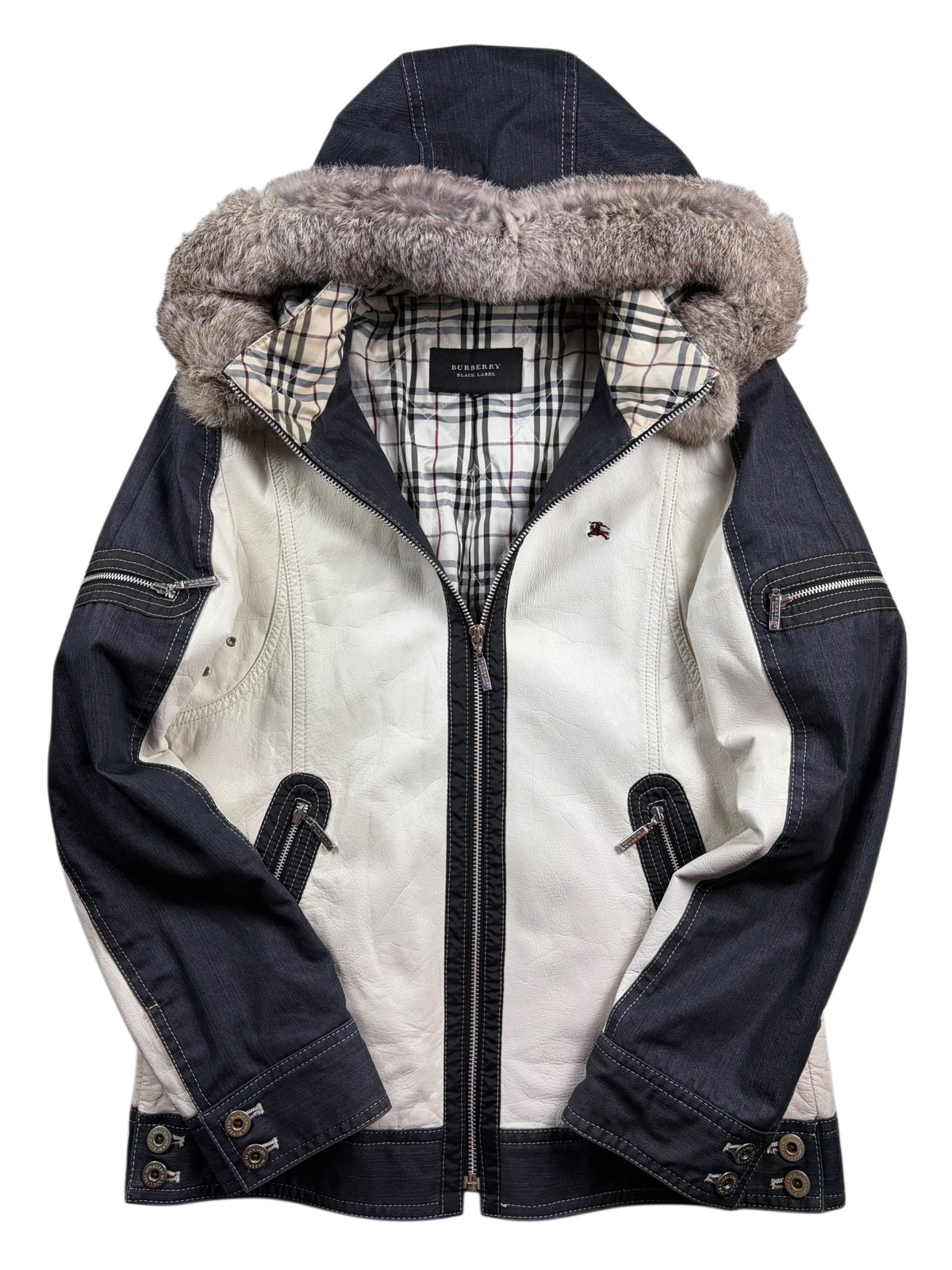 00’s BURBERRY Black Label leather & denim rabbit fur hooded jacket (S/M) - white & navy