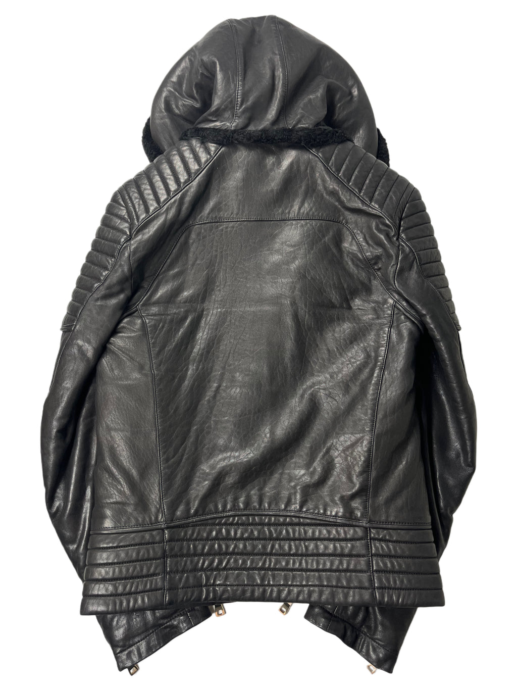 2017 BALMAIN lamb leather fur hooded biker jacket - size M - black