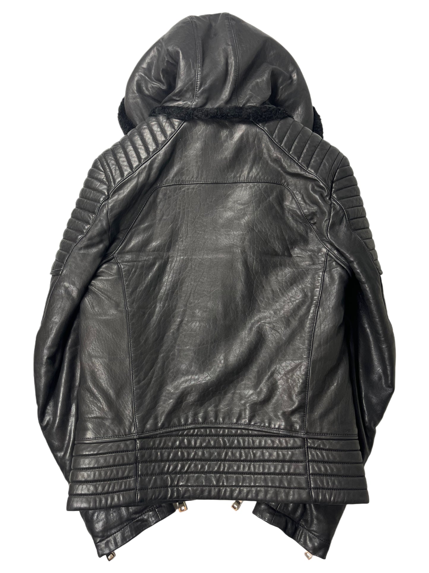 2017 BALMAIN lamb leather fur hooded biker jacket - size M - black