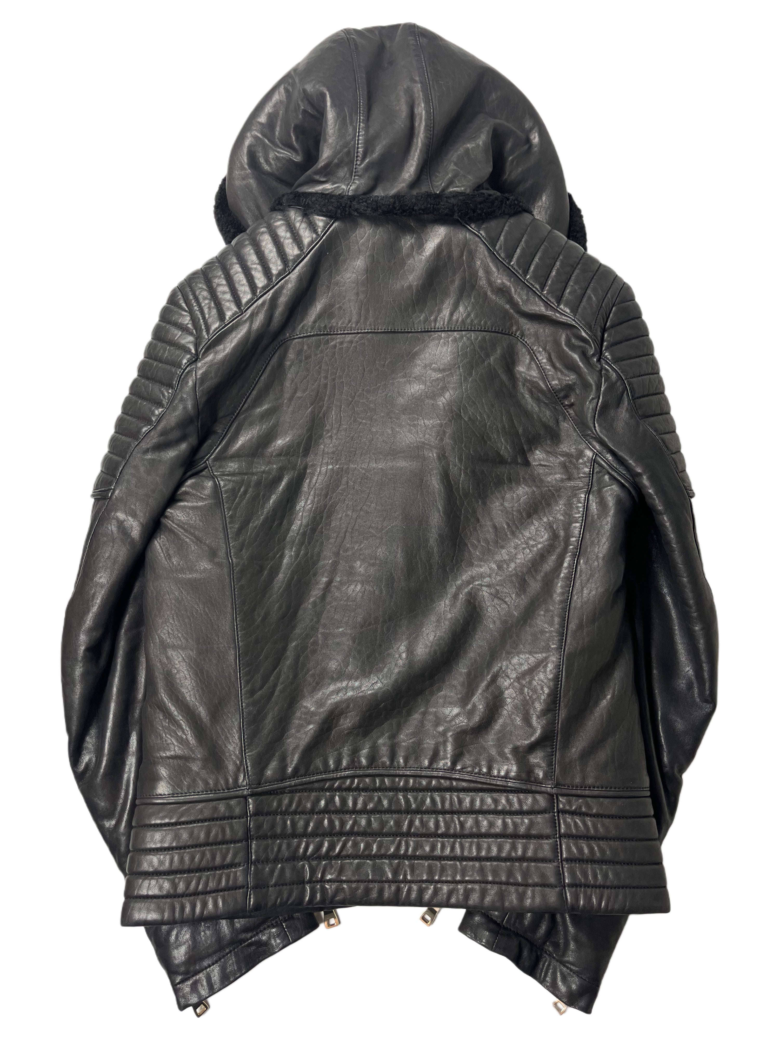 2017 BALMAIN lamb leather fur hooded biker jacket - size M - black