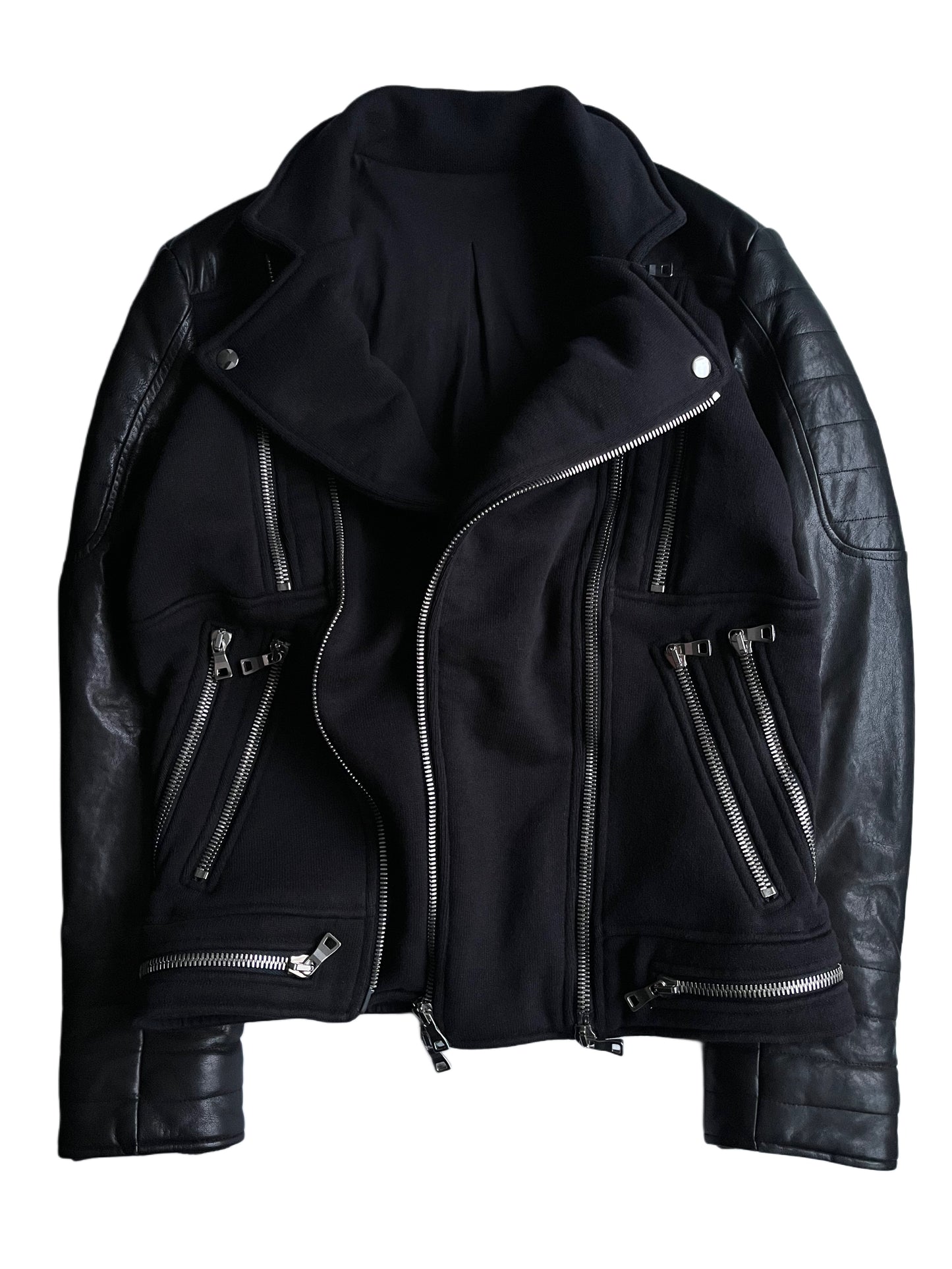 2015 BALMAIN leather & cotton biker jacket - size M - black