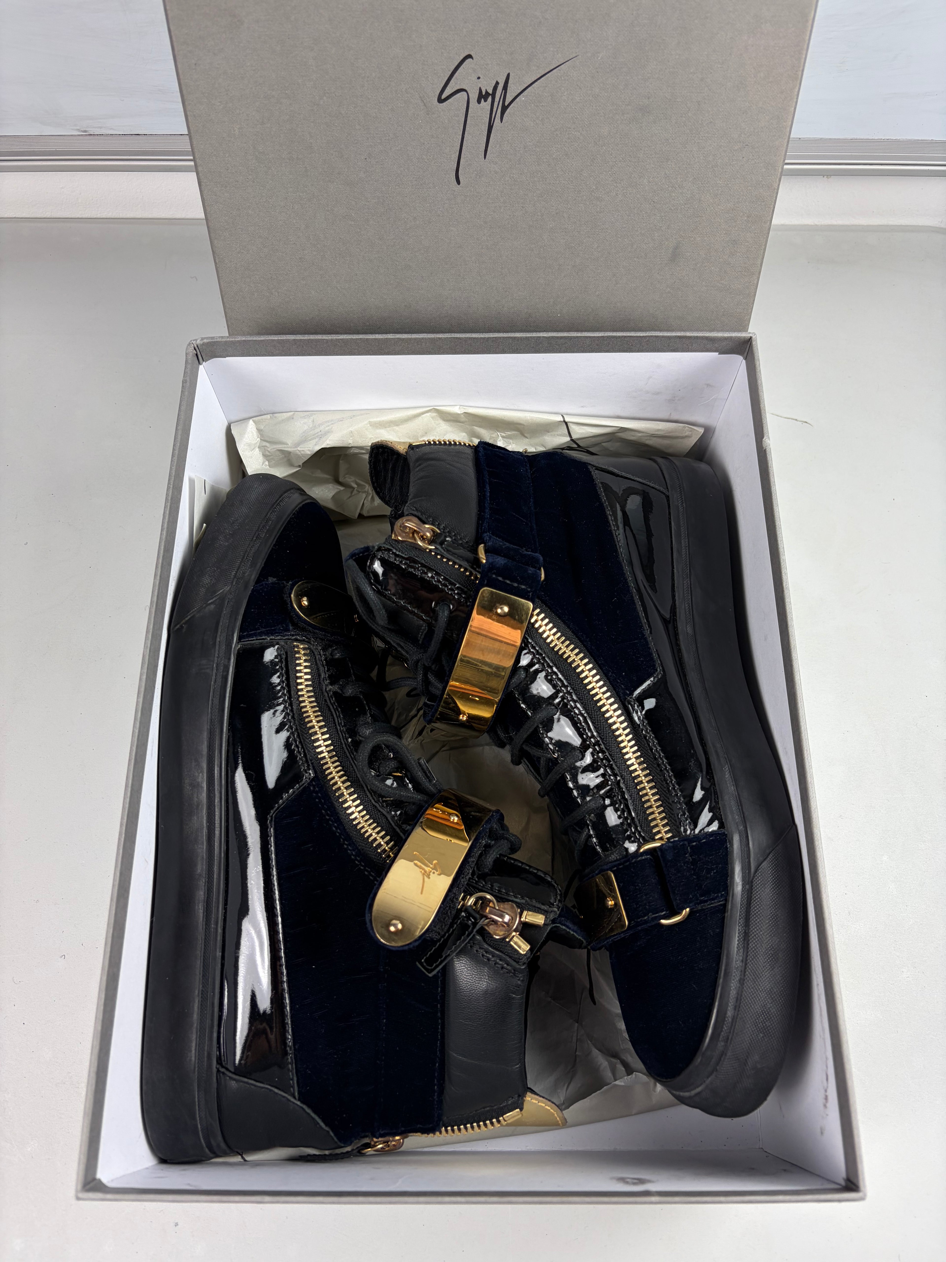 Giuseppe Zanotti velvet & patent leather high tops - eu 44 / us 11 - navy blue