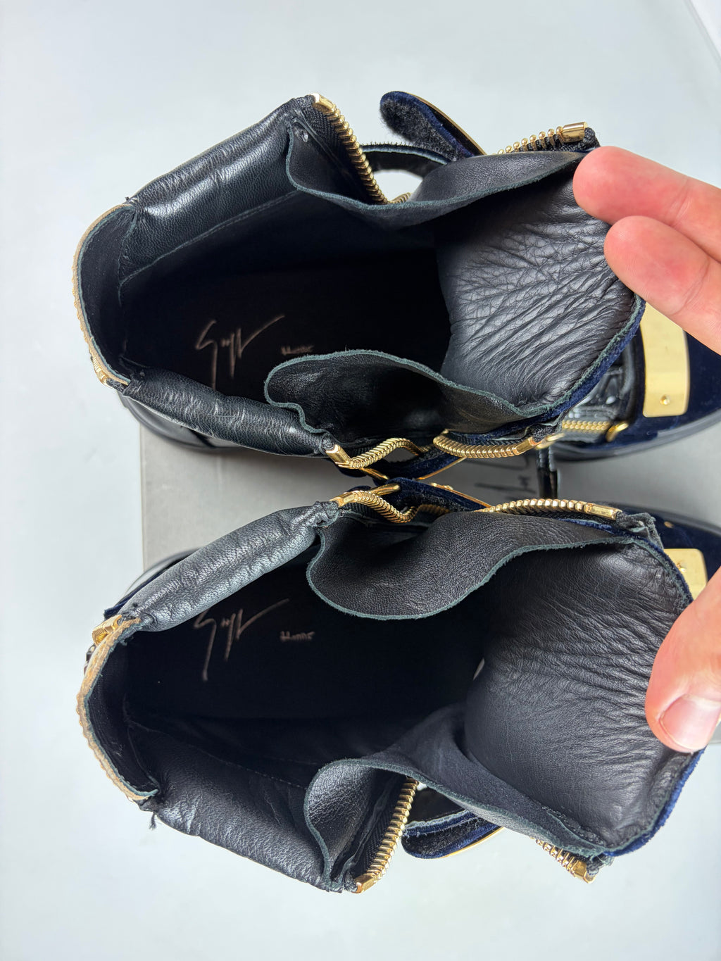 Giuseppe Zanotti velvet & patent leather high tops - eu 44 / us 11 - navy blue