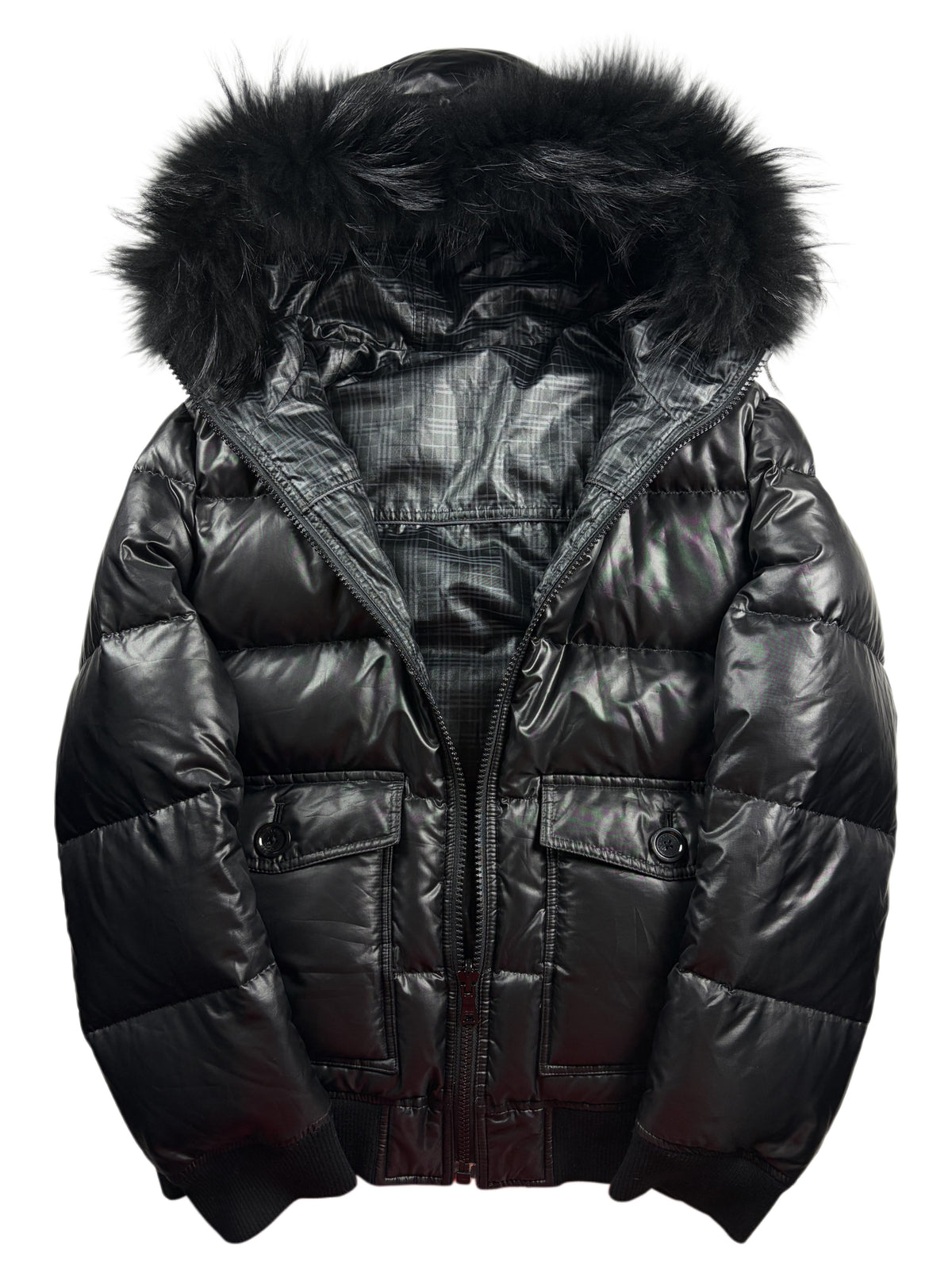 00’s BURBERRY Black Label reversible real fur down bomber jacket (M/L) - black