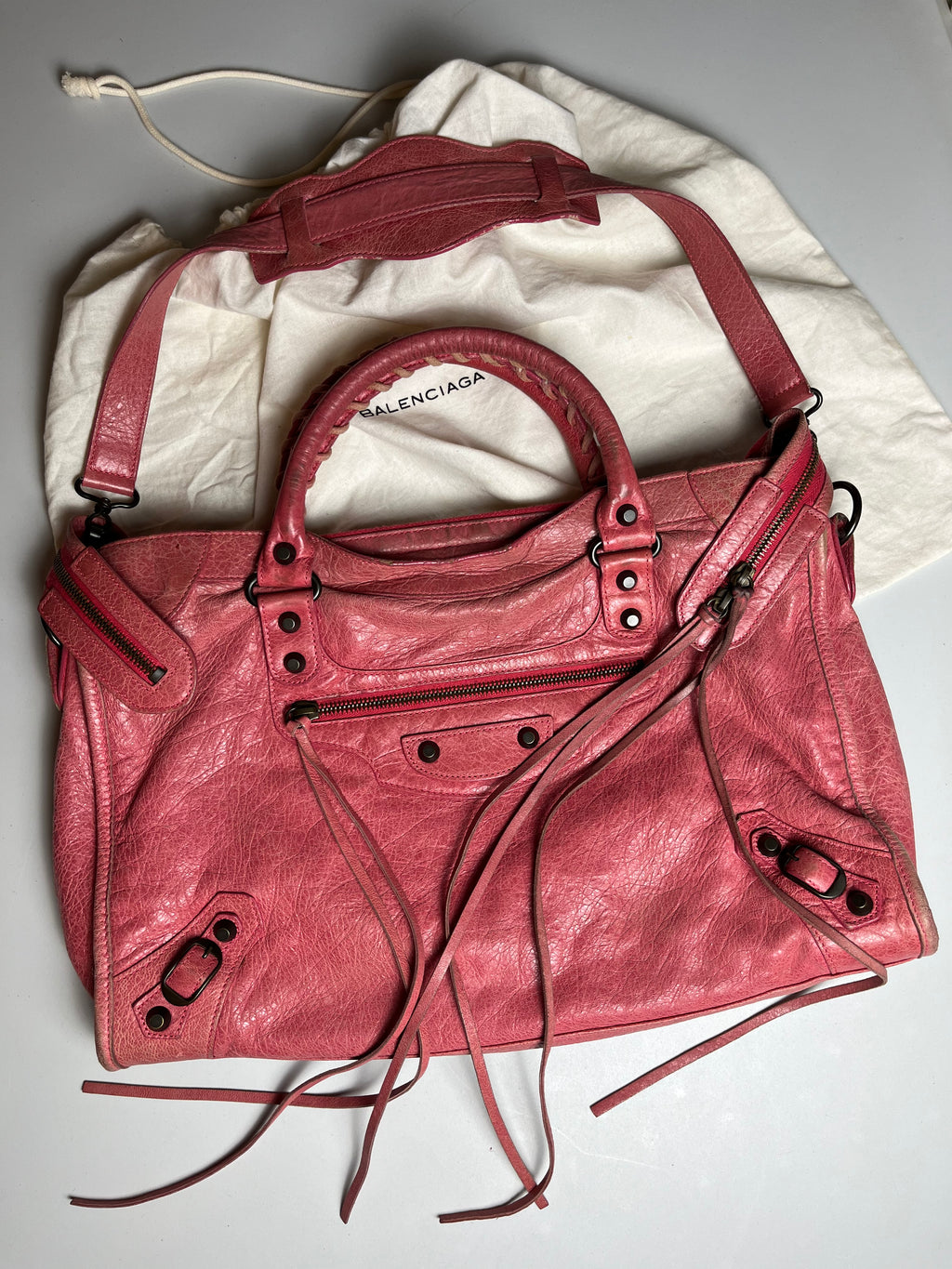 2011 BALENCIAGA Pink Lambskin Leather Motorcycle City Bag - pink