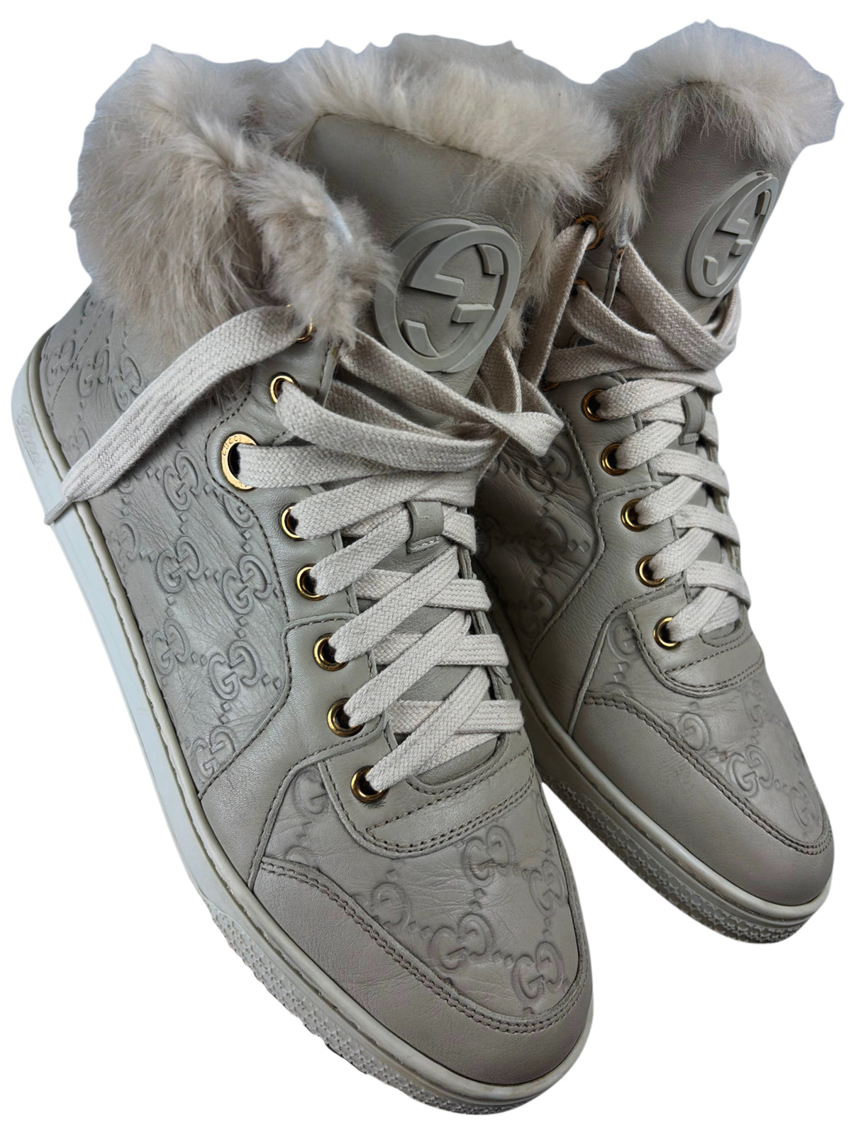 GUCCI Coda fur-trim high tops - eu 39 / us 9 / uk 6 - tan beige