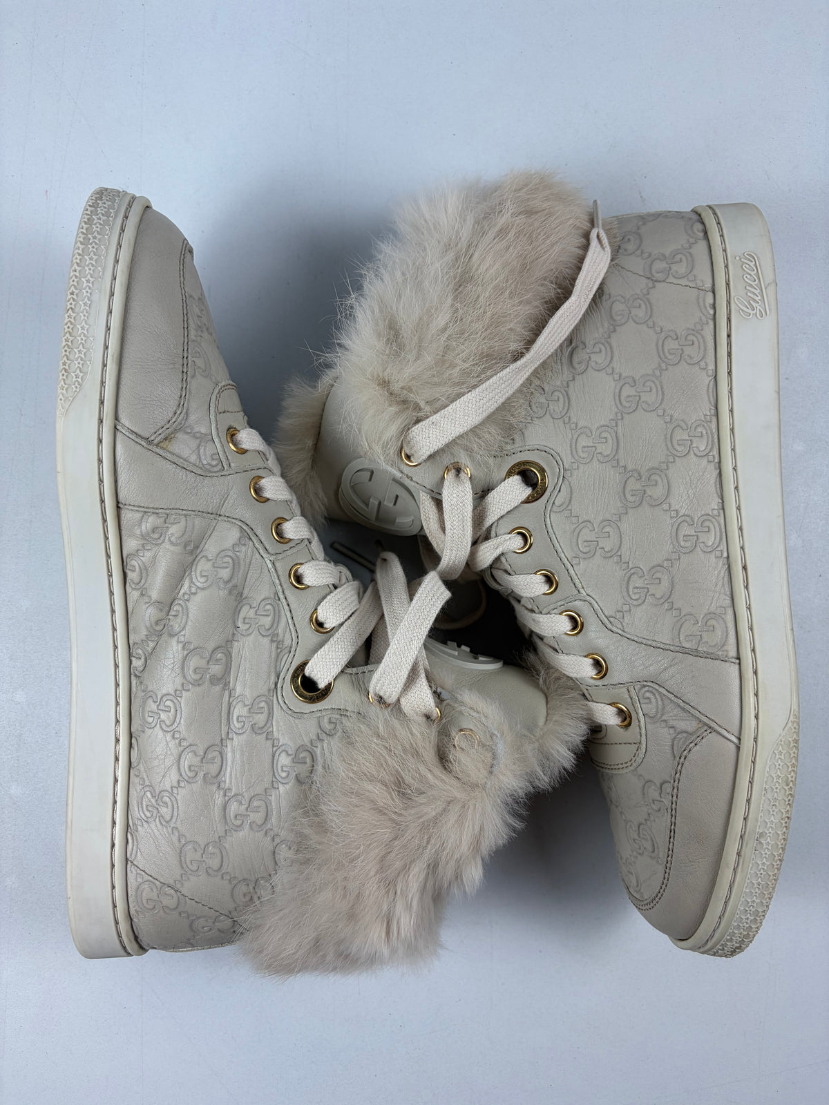 GUCCI Coda fur-trim high tops - eu 39 / us 9 / uk 6 - tan beige