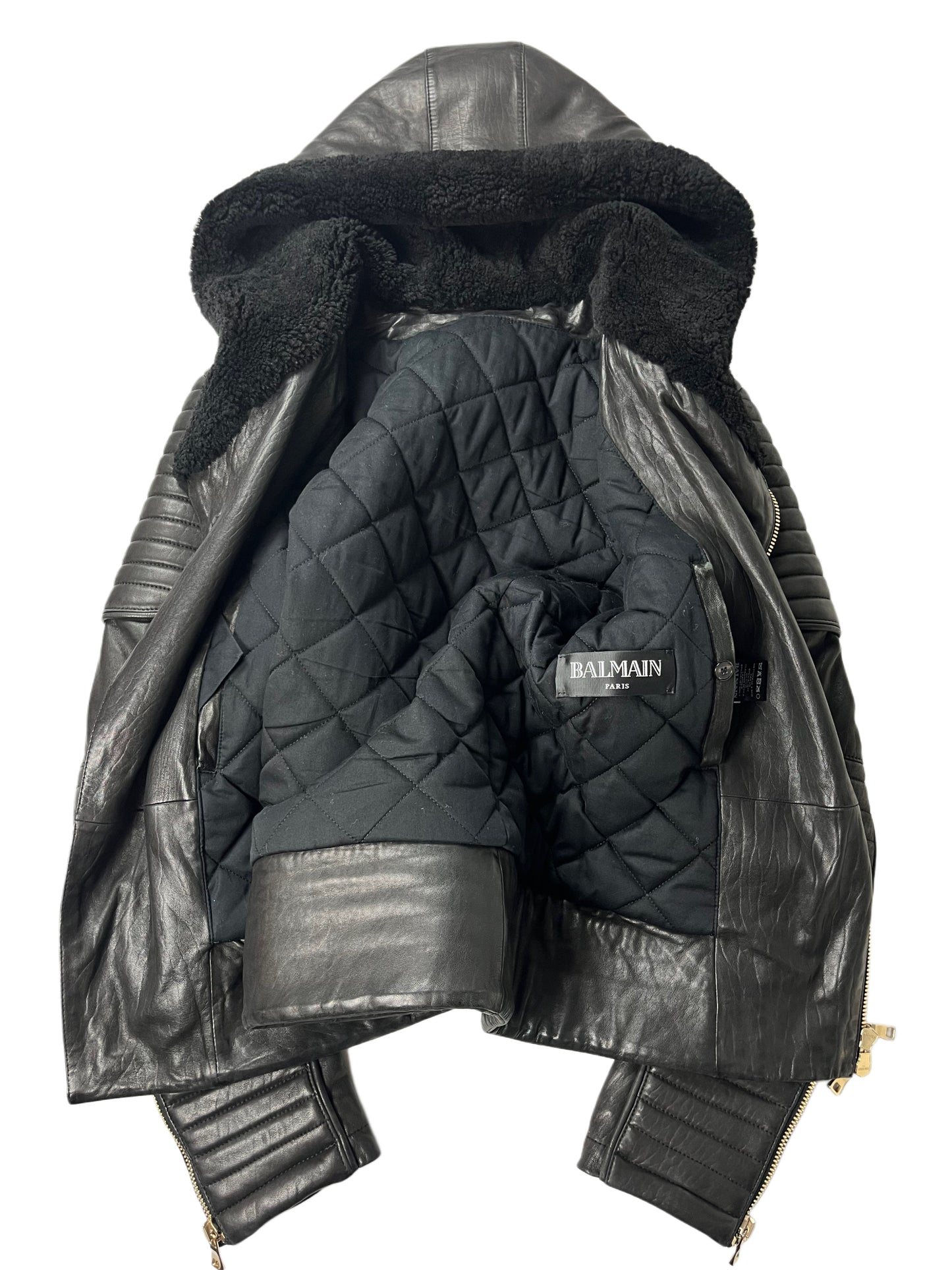 2017 BALMAIN lamb leather fur hooded biker jacket - size M - black