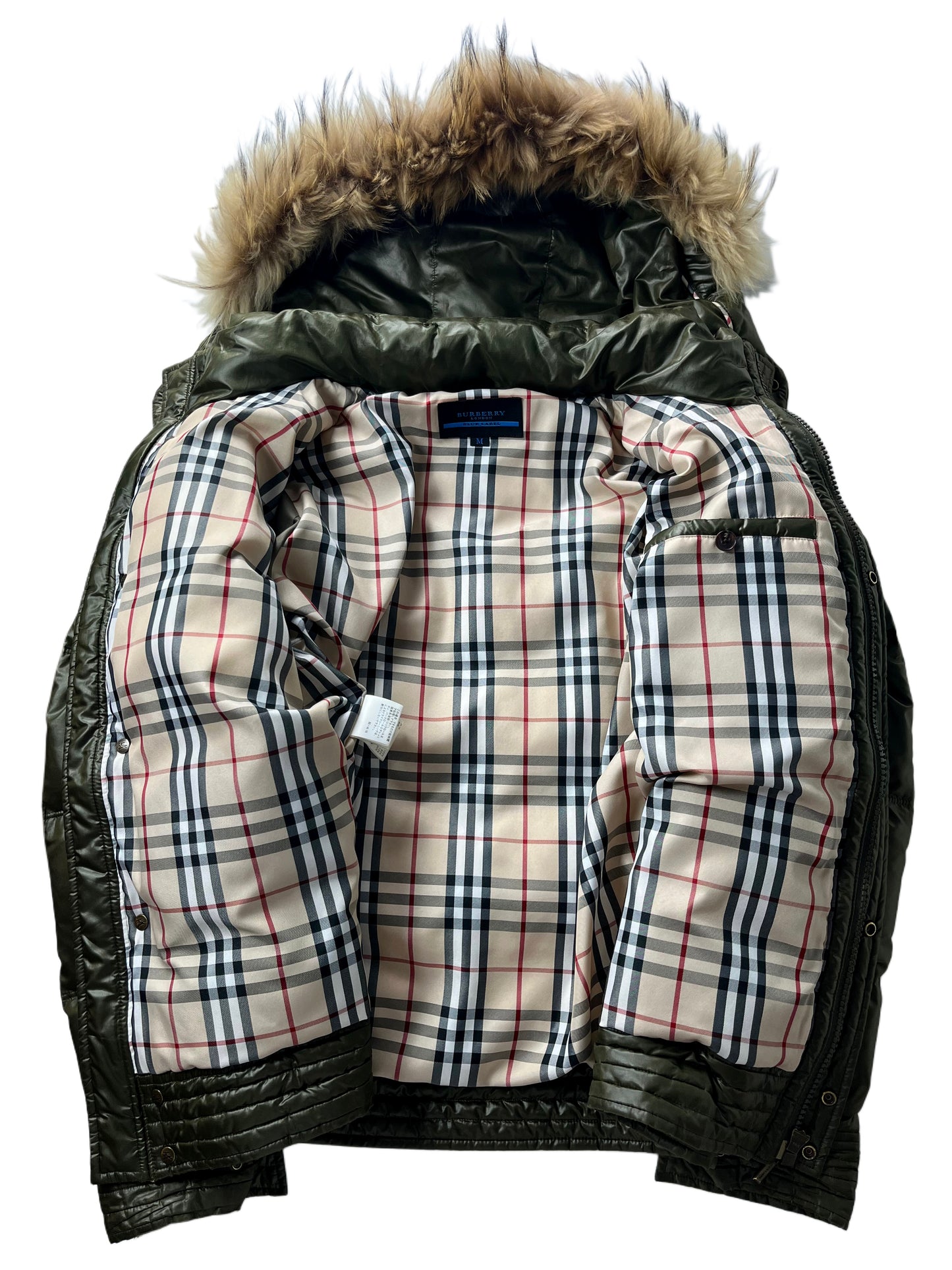 00’s BURBERRY made in Japan real fur down jacket (S/M) - dark green