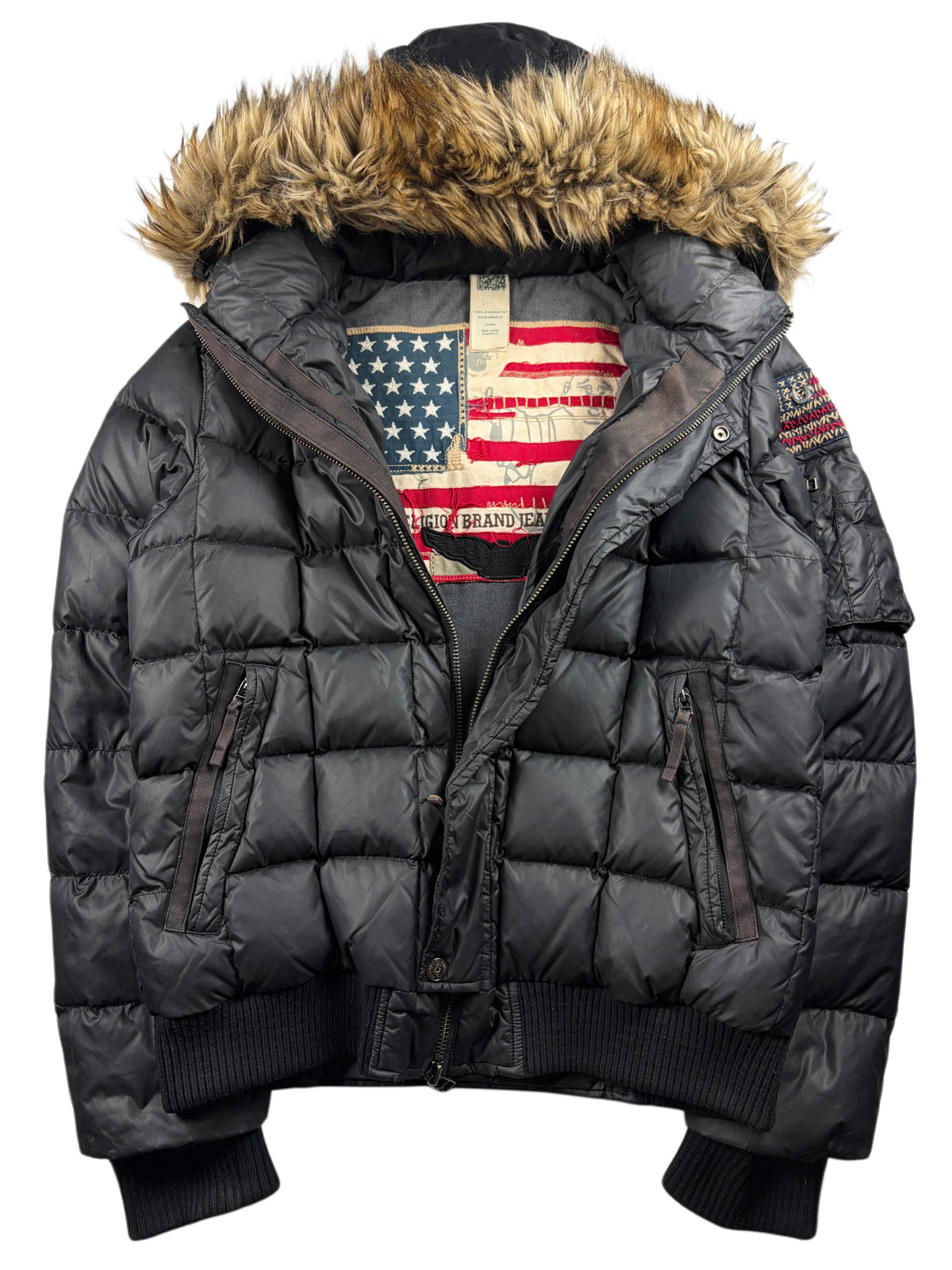 True Religion faux fur hooded down puffer jacket - men’s L/XL - black