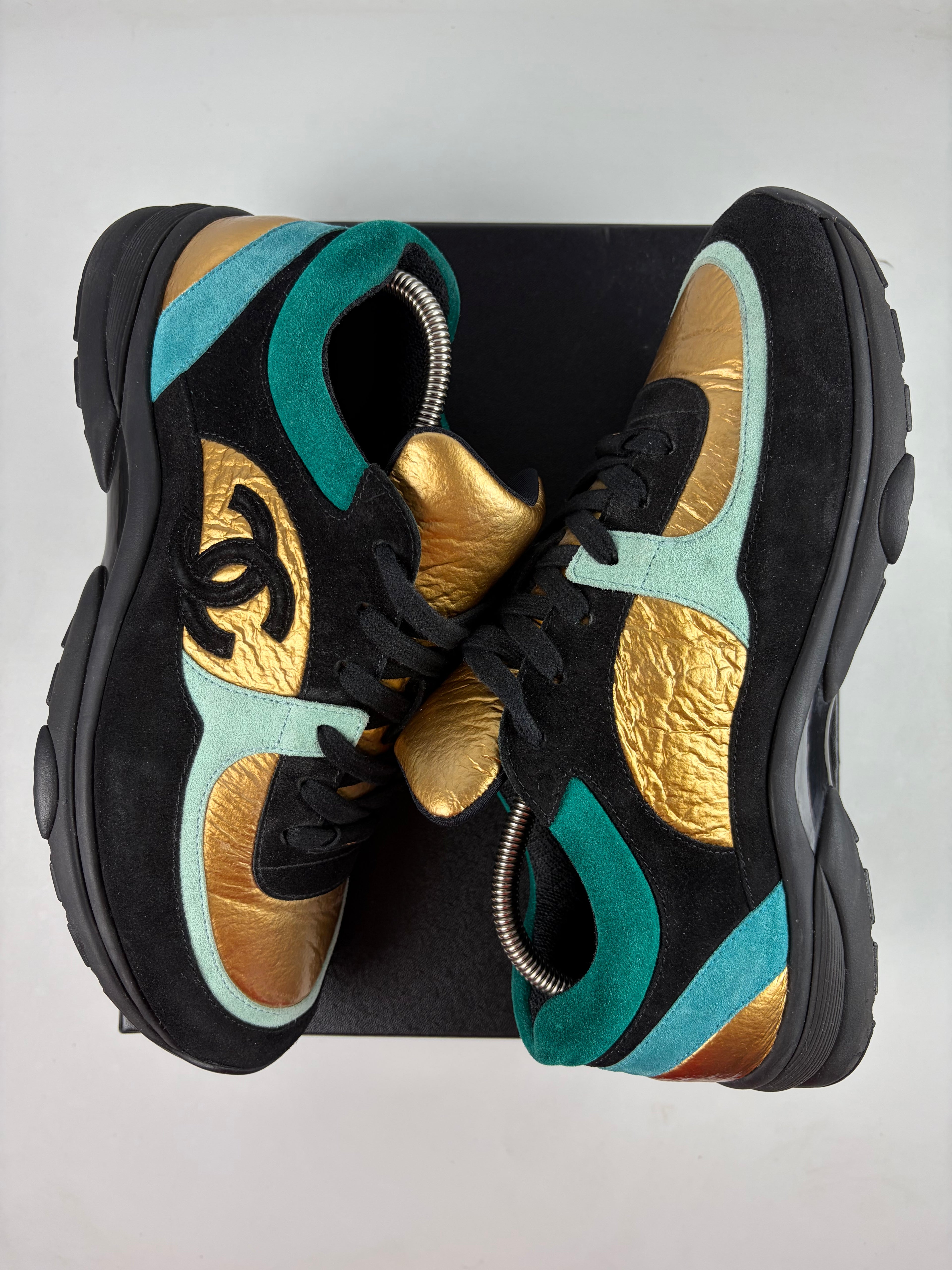 2019 CHANEL gold foil leather & suede sneakers - eu 43 / us 10