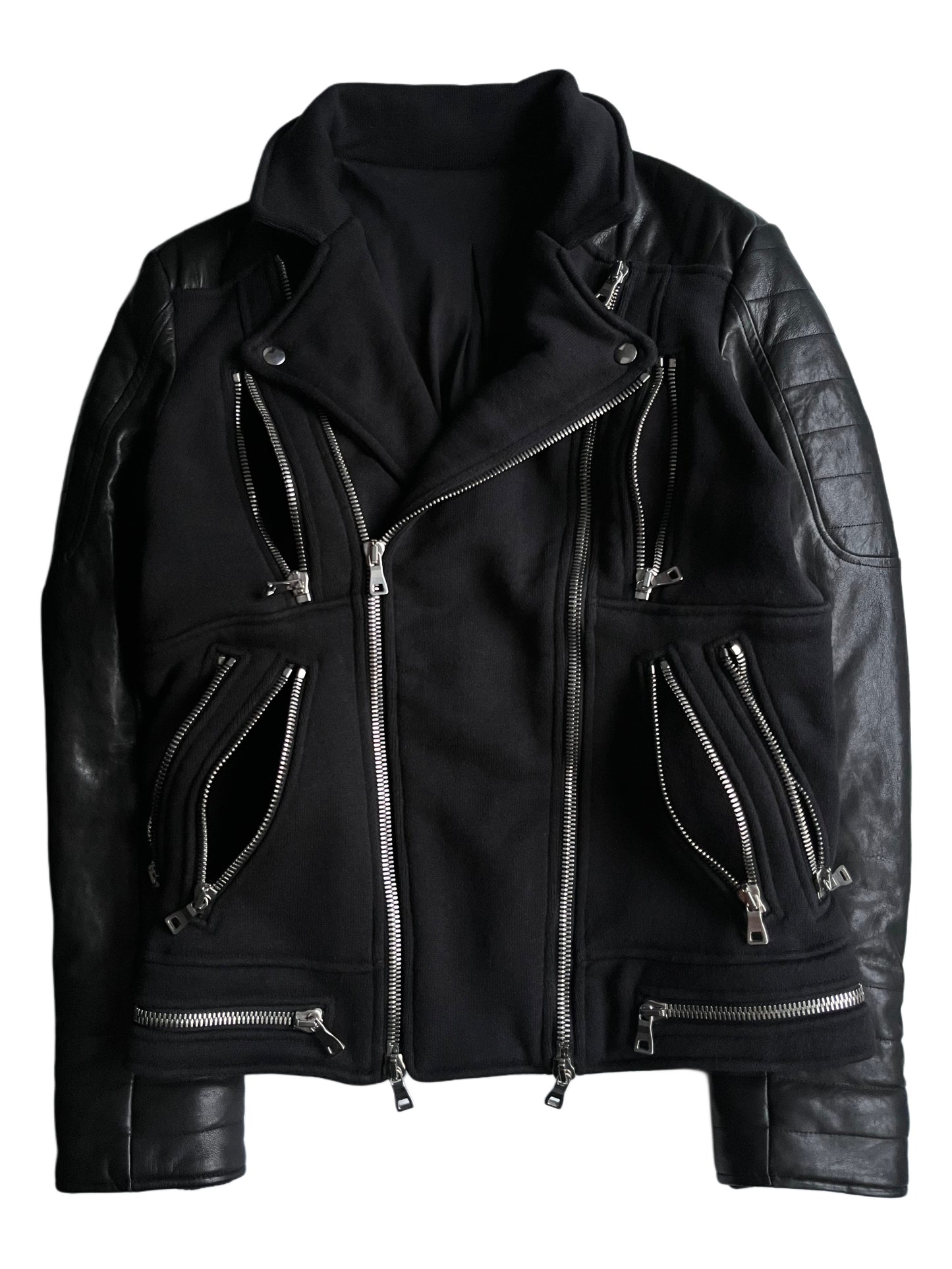 2015 BALMAIN leather & cotton biker jacket - size M - black