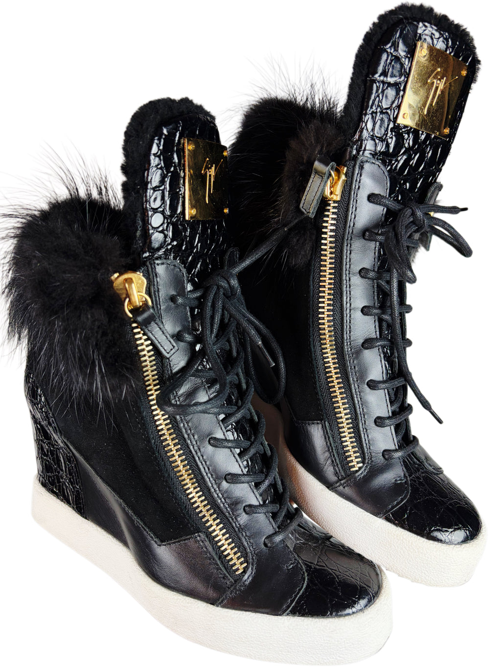 Giuseppe Zanotti fur & croc-embossed leather wedge sneakers - eu 39 / us 9 / uk 6 - black