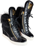 Giuseppe Zanotti fur & croc-embossed leather wedge sneakers - eu 39 / us 9 / uk 6 - black