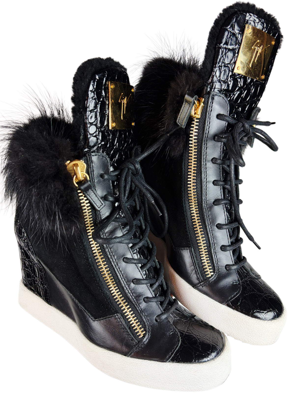 Giuseppe Zanotti fur & croc-embossed leather wedge sneakers - eu 39 / us 9 / uk 6 - black