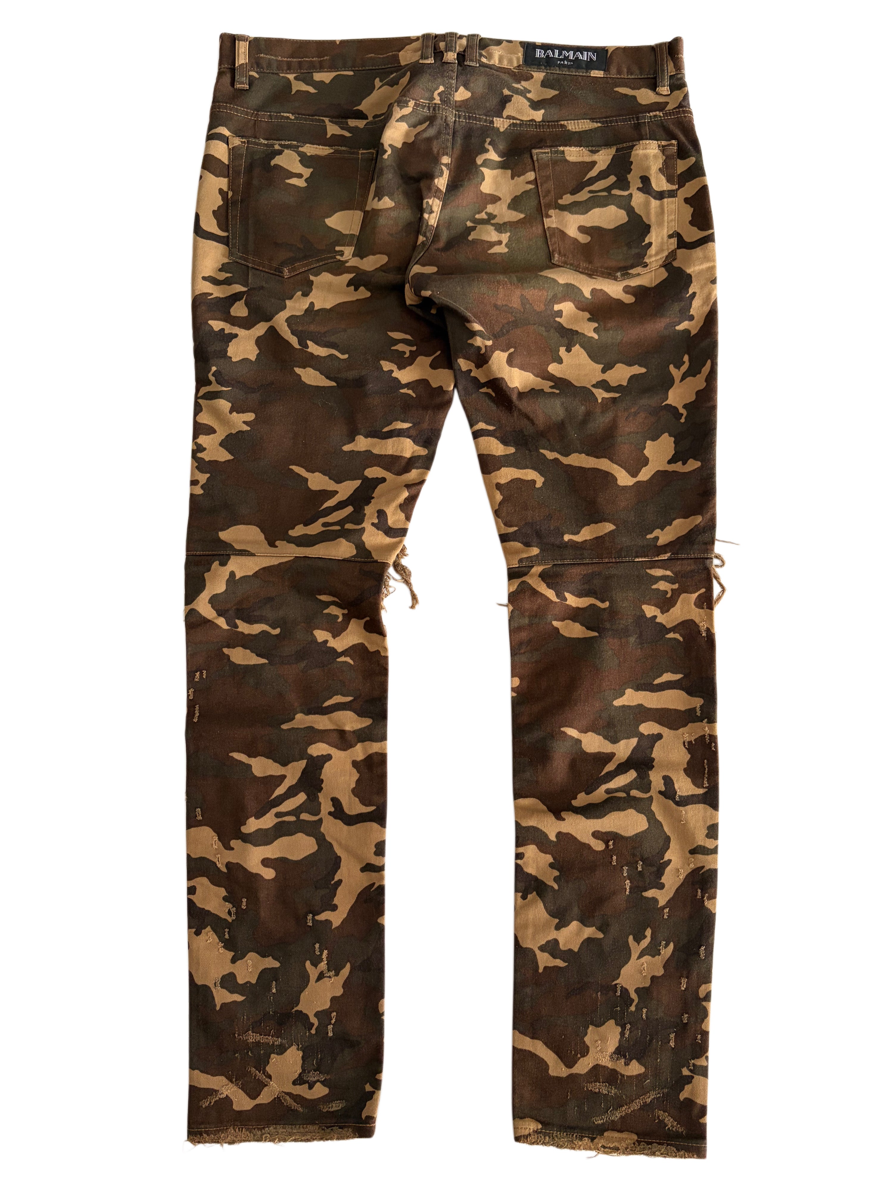 BALMAIN distressed camo biker denim - 34