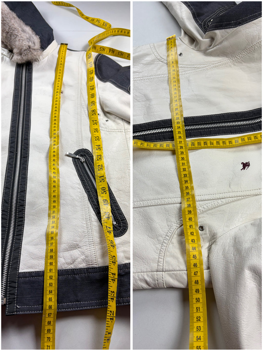 00’s BURBERRY Black Label leather & denim rabbit fur hooded jacket (S/M) - white & navy